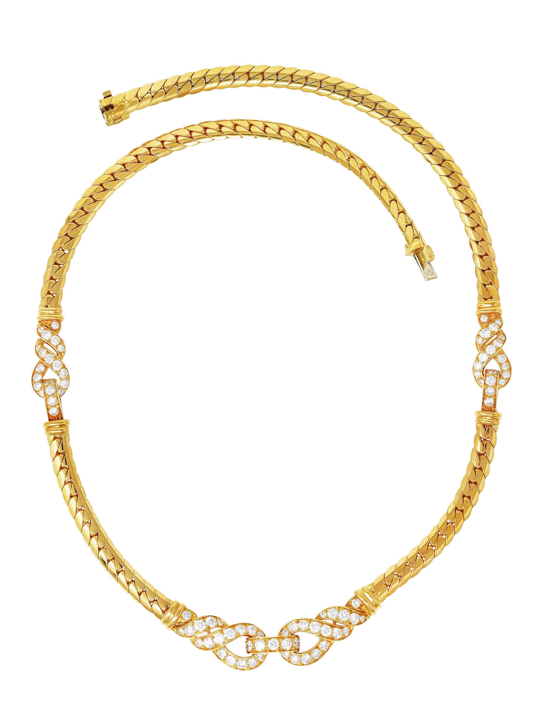 Cartier French 3.12 CTW Diamond 18 Karat Yellow Gold Agrafe Herringbone Twisted Rope Vintage Station Collar Necklace Wilson's Estate Jewelry