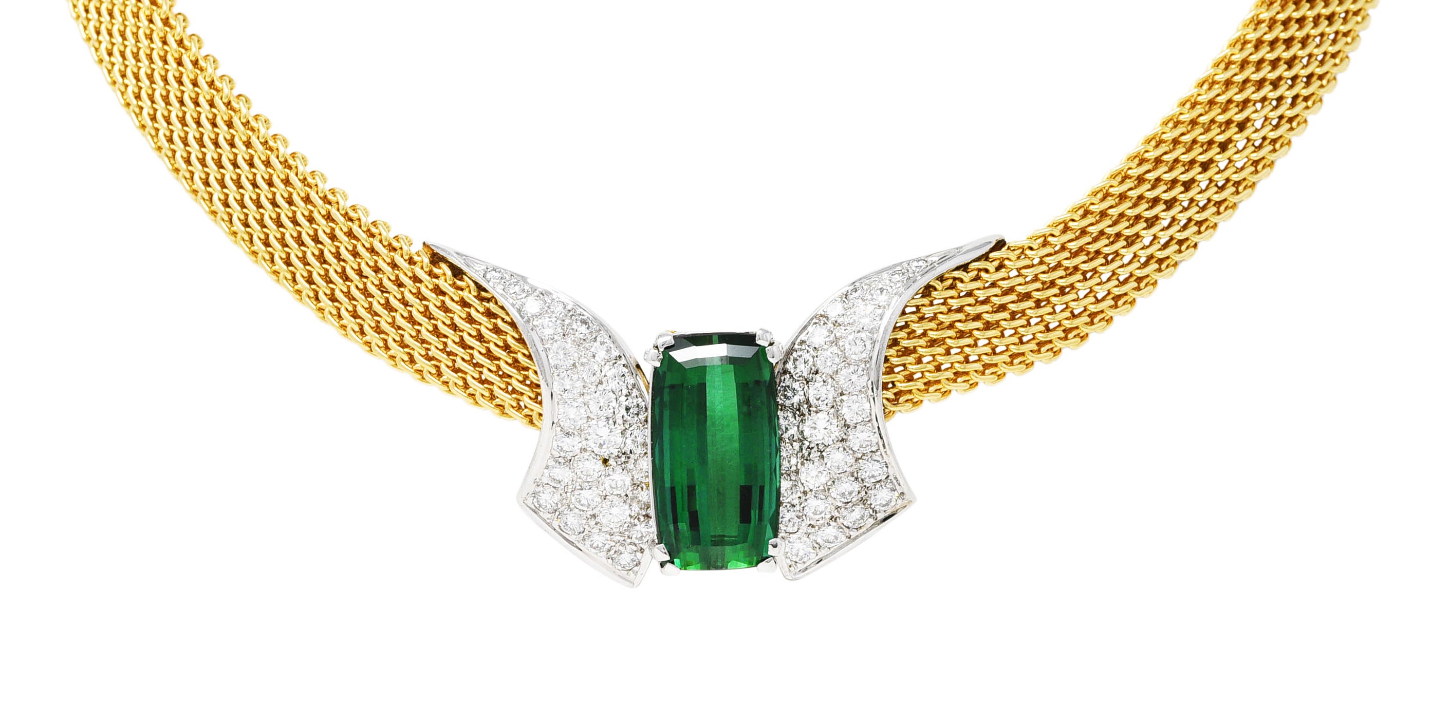 Dankner 1960's 9.65 CTW Cushion Cut Green Tourmaline Diamond 14 Karat Two-Tone Gold Vintage Station Collar Necklace Wilson's Estate Jewelry