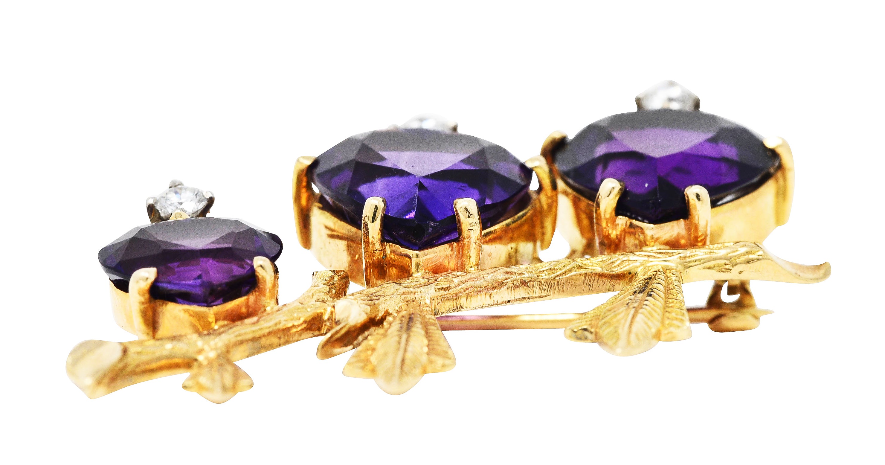 1960's Vintage Diamond Amethyst 14 Karat Yellow Gold Bird Brooch Wilson's Antique & Estate Jewelry