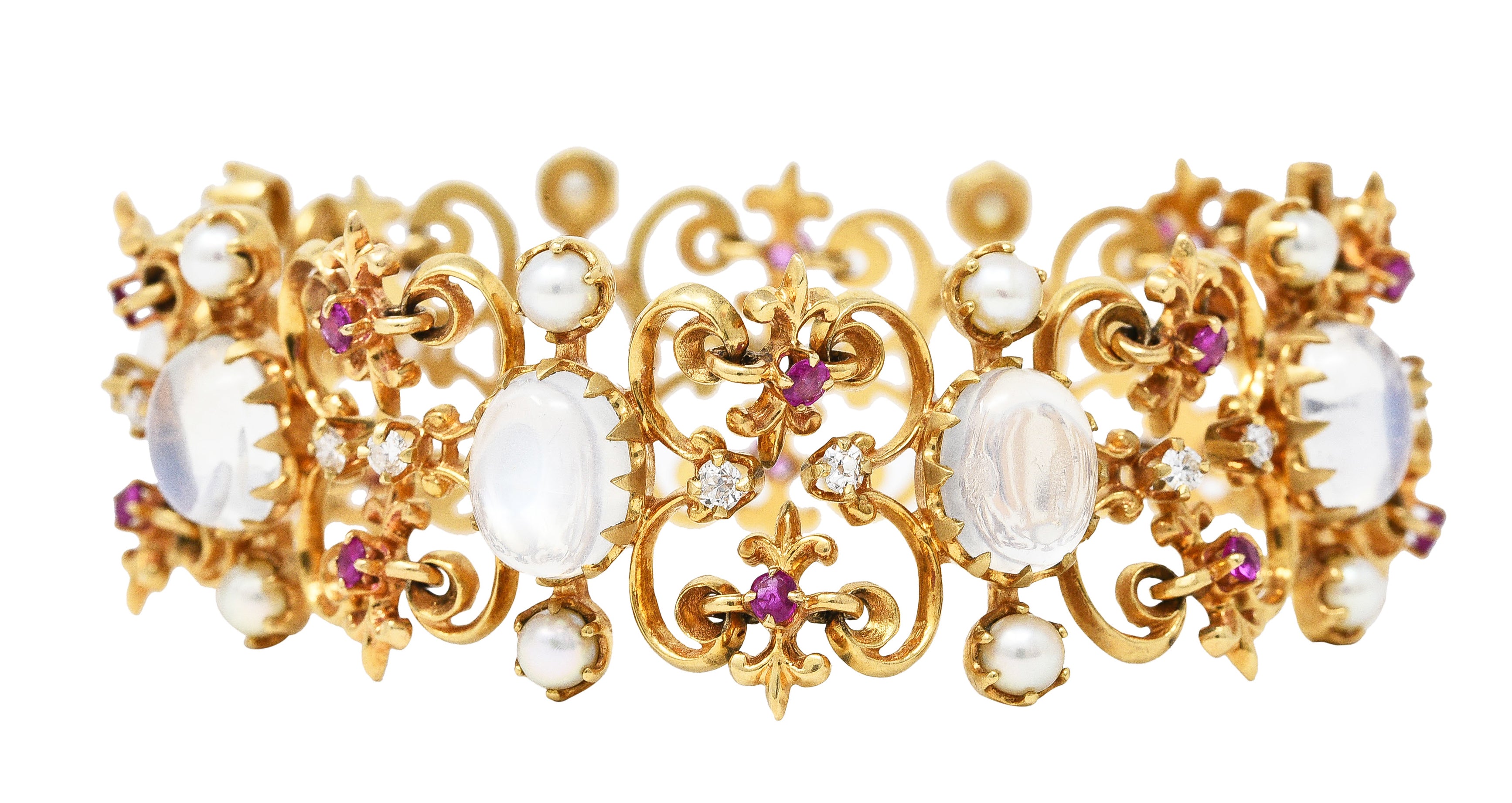 Victorian Diamond Ruby Moonstone Pearl 14 Karat Yellow Gold Fleur-De-Lis Antique Station Link Bracelet Wilson's Estate Jewelry