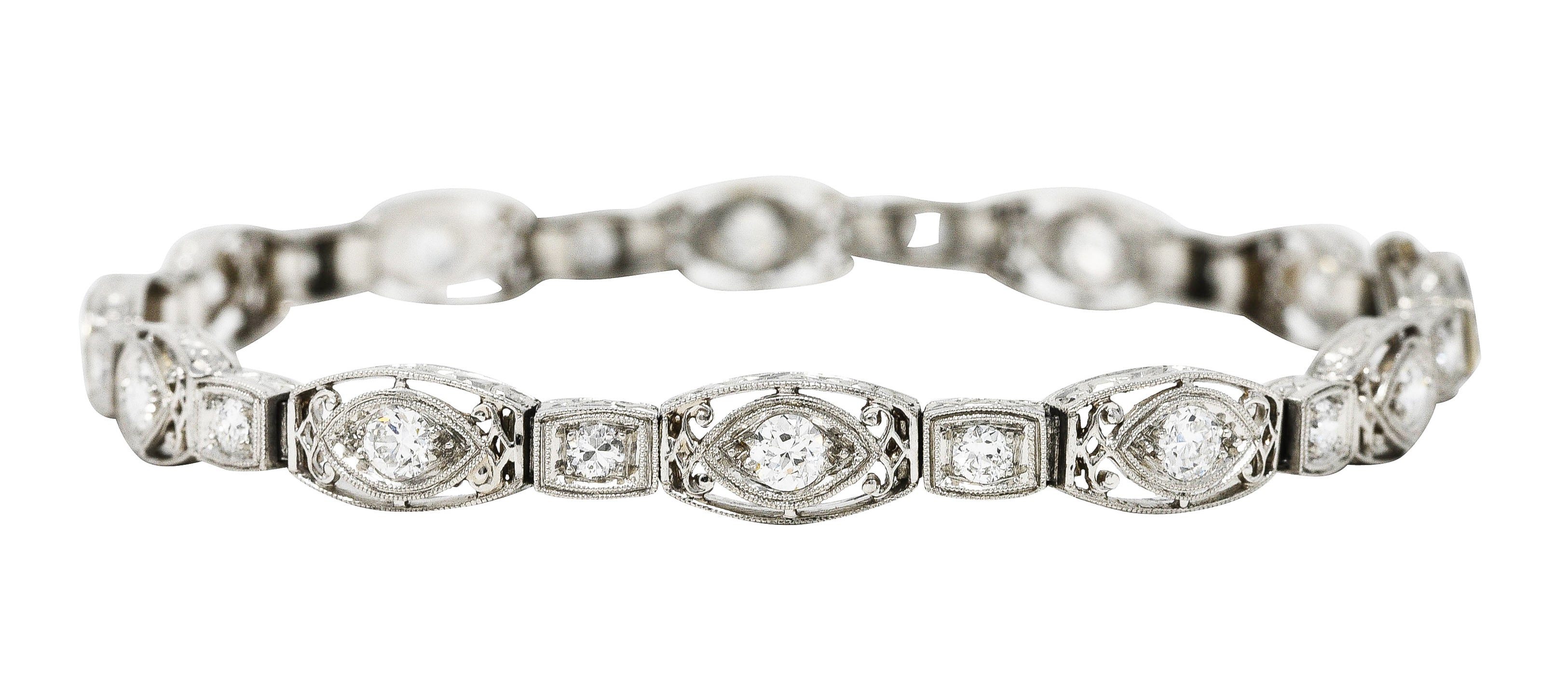 Art Deco 2.25 CTW Diamond Platinum Cushion Link Bracelet Wilson's Estate Jewelry