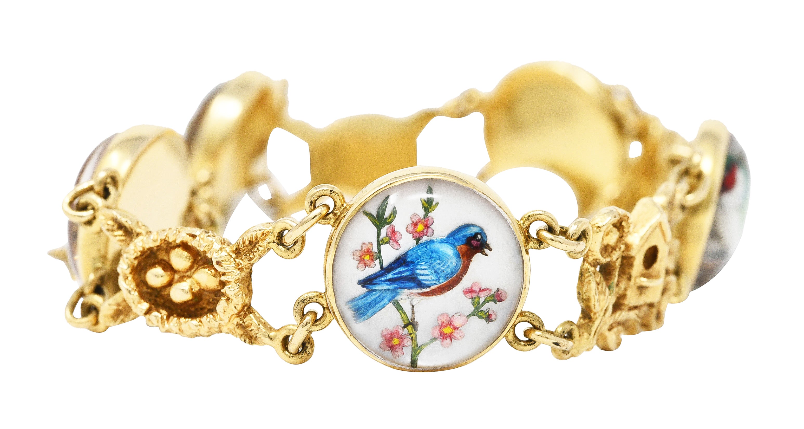 1940’s Essex Crystal Quartz 14 Karat Yellow Gold Bird Themed Antique Link Bracelet Wilson's Estate Jewelry