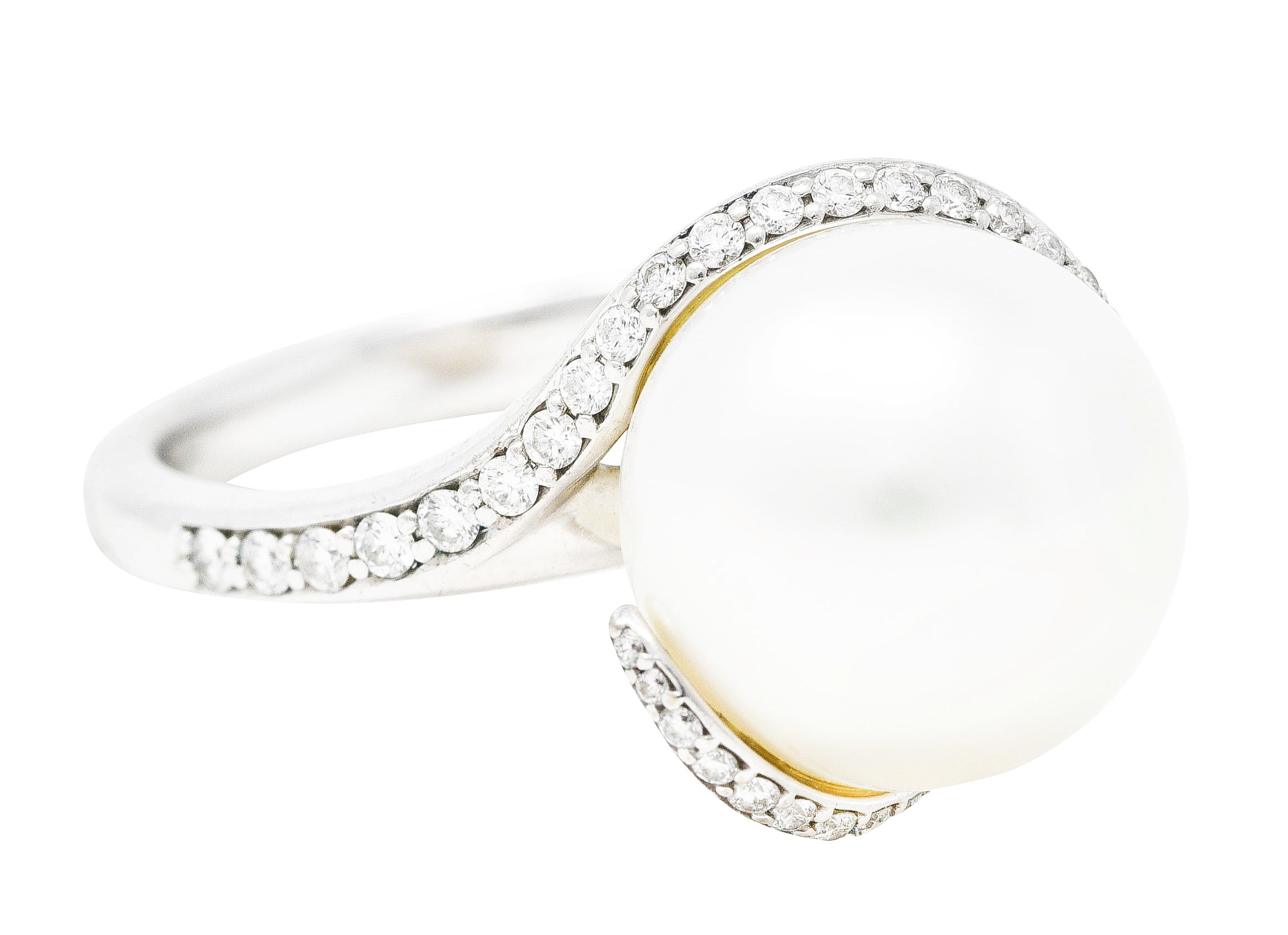 Mikimoto Diamond Cultured South Sea Pearl 18 Karat White Gold Bypass Ring Wilson's Antique & Estate Jewelry