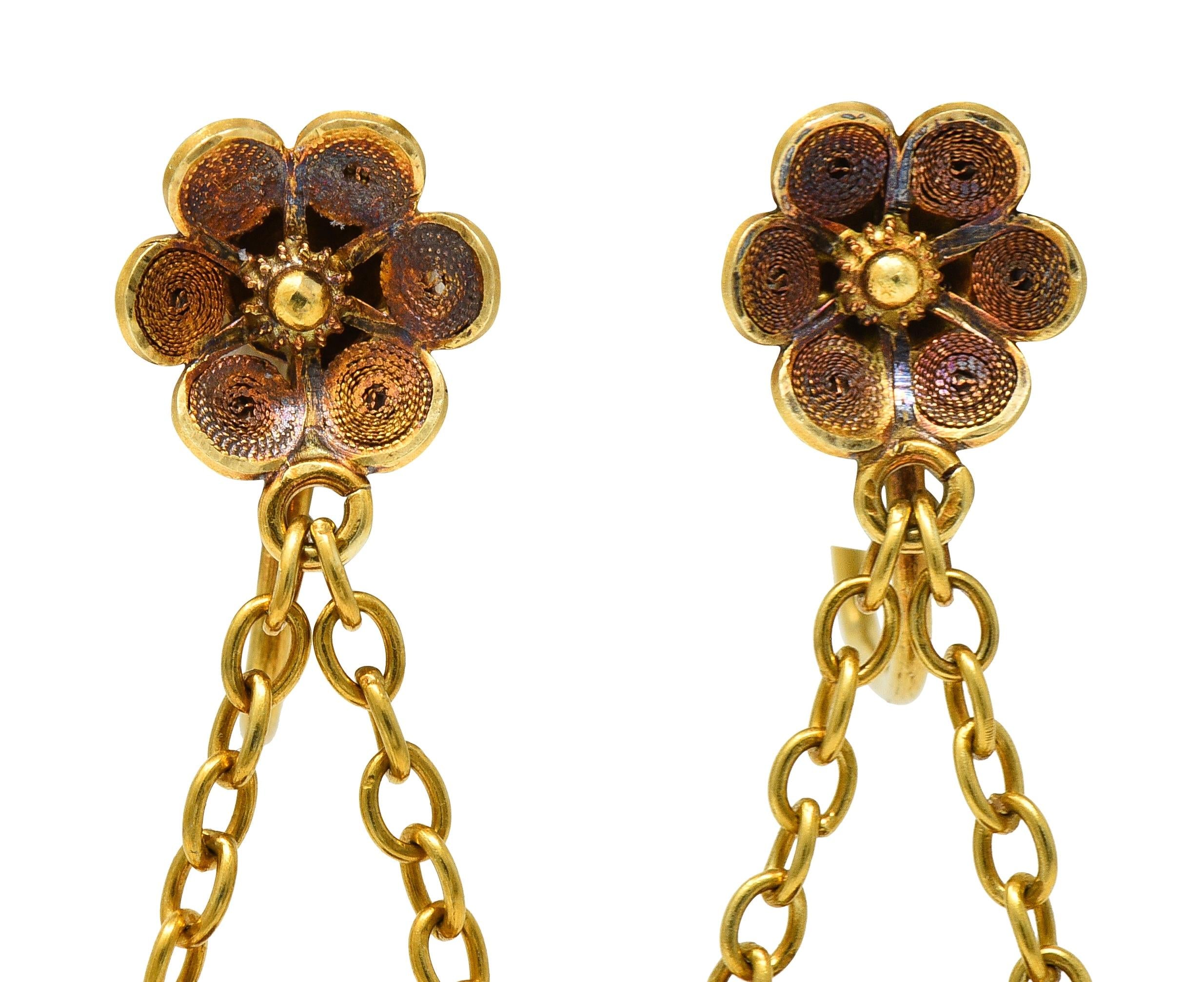 Victorian Etruscan Revival 14 Karat Gold Floral Antique Drop Screw-Back Earrings