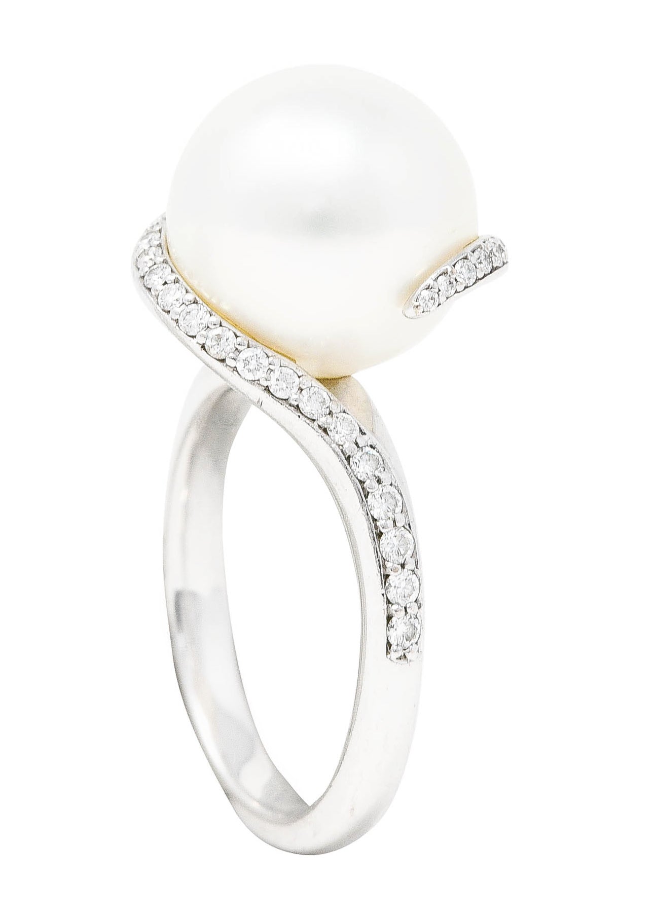 Mikimoto Diamond Cultured South Sea Pearl 18 Karat White Gold Bypass Ring Wilson's Antique & Estate Jewelry