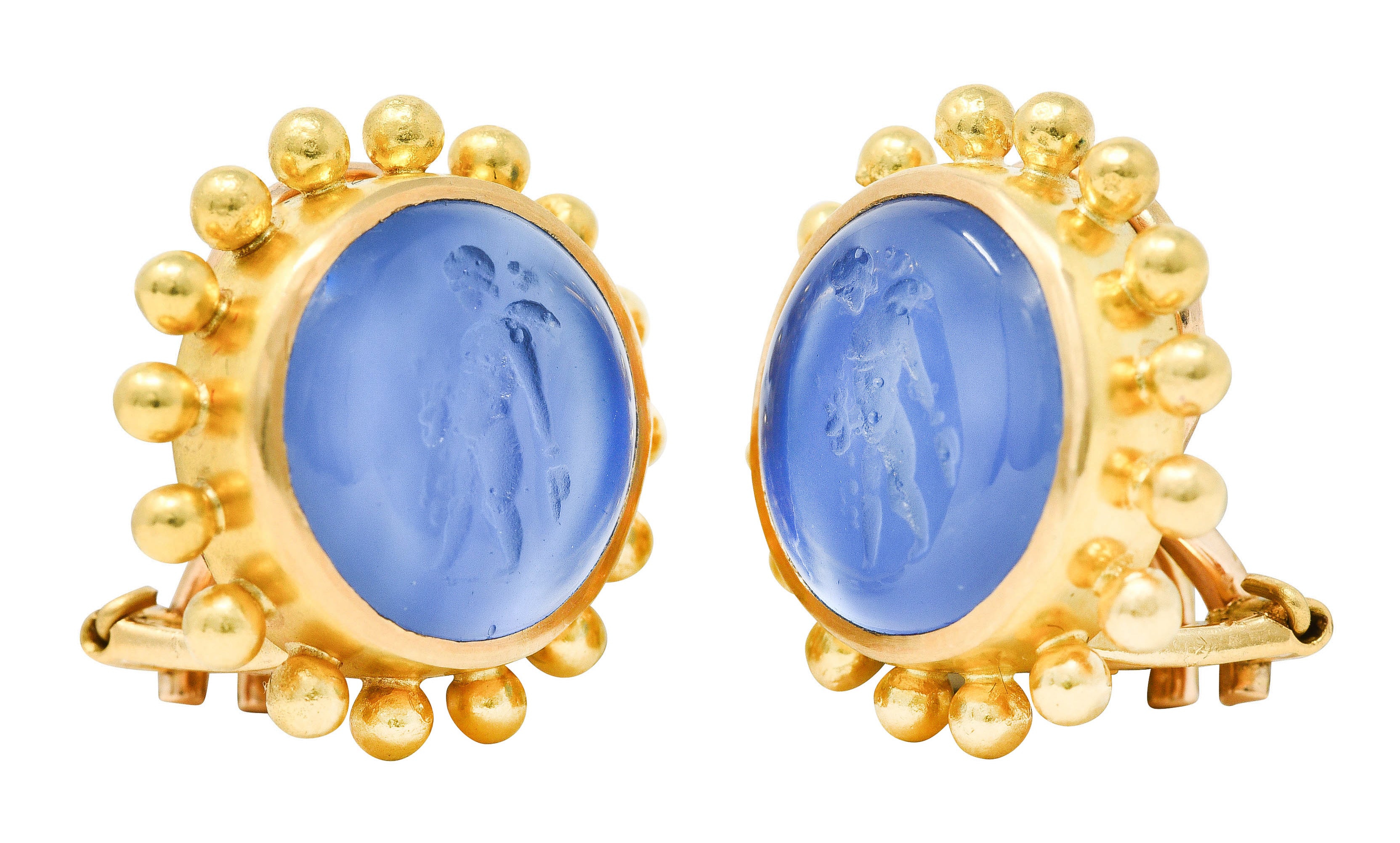 Elizabeth Locke Mother-Of-Pearl Venetian Glass 19 Karat Gold Putto Intaglio Earrings Wilson's Antique & Estate Jewelry