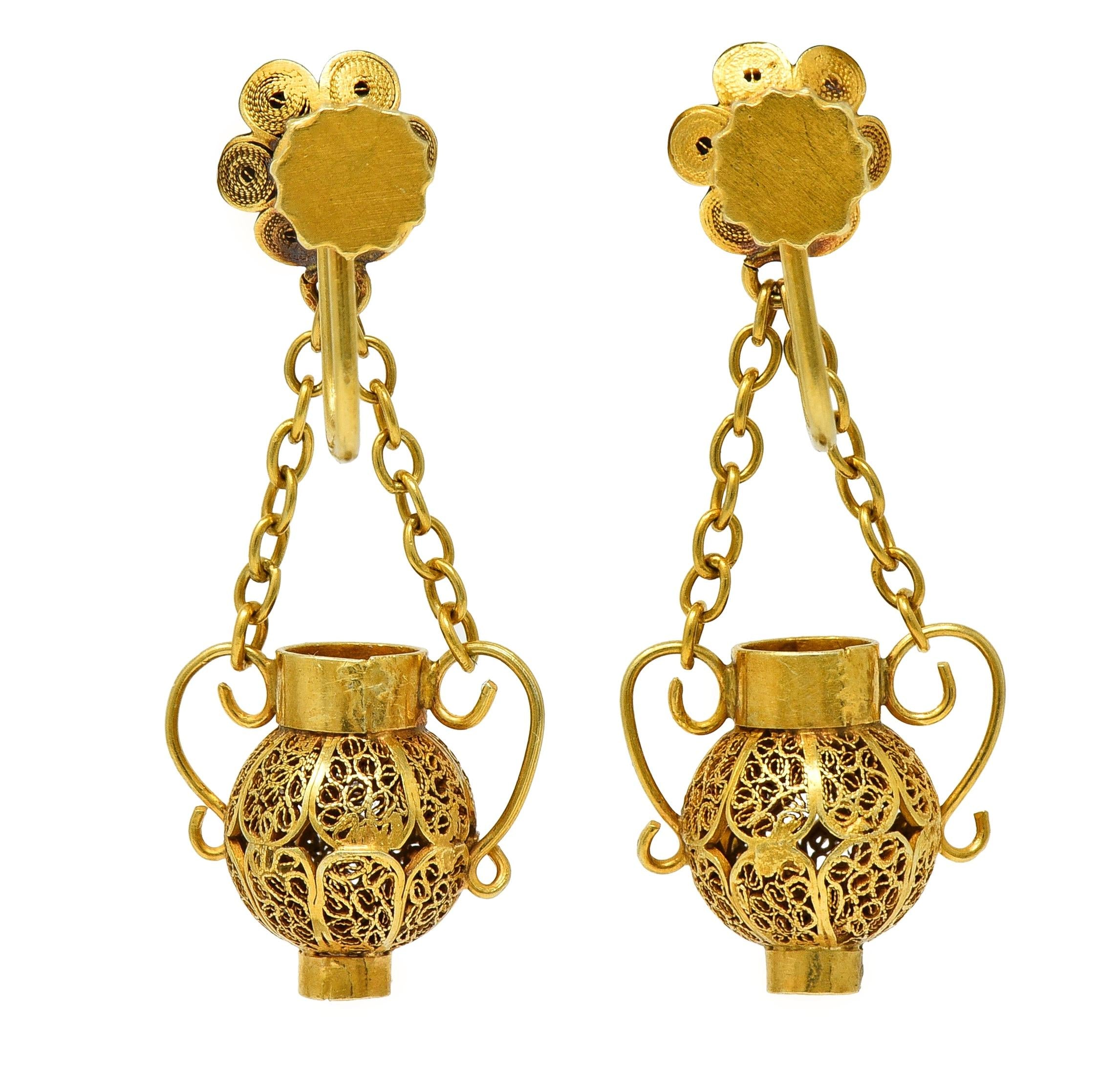 Victorian Etruscan Revival 14 Karat Gold Floral Antique Drop Screw-Back Earrings