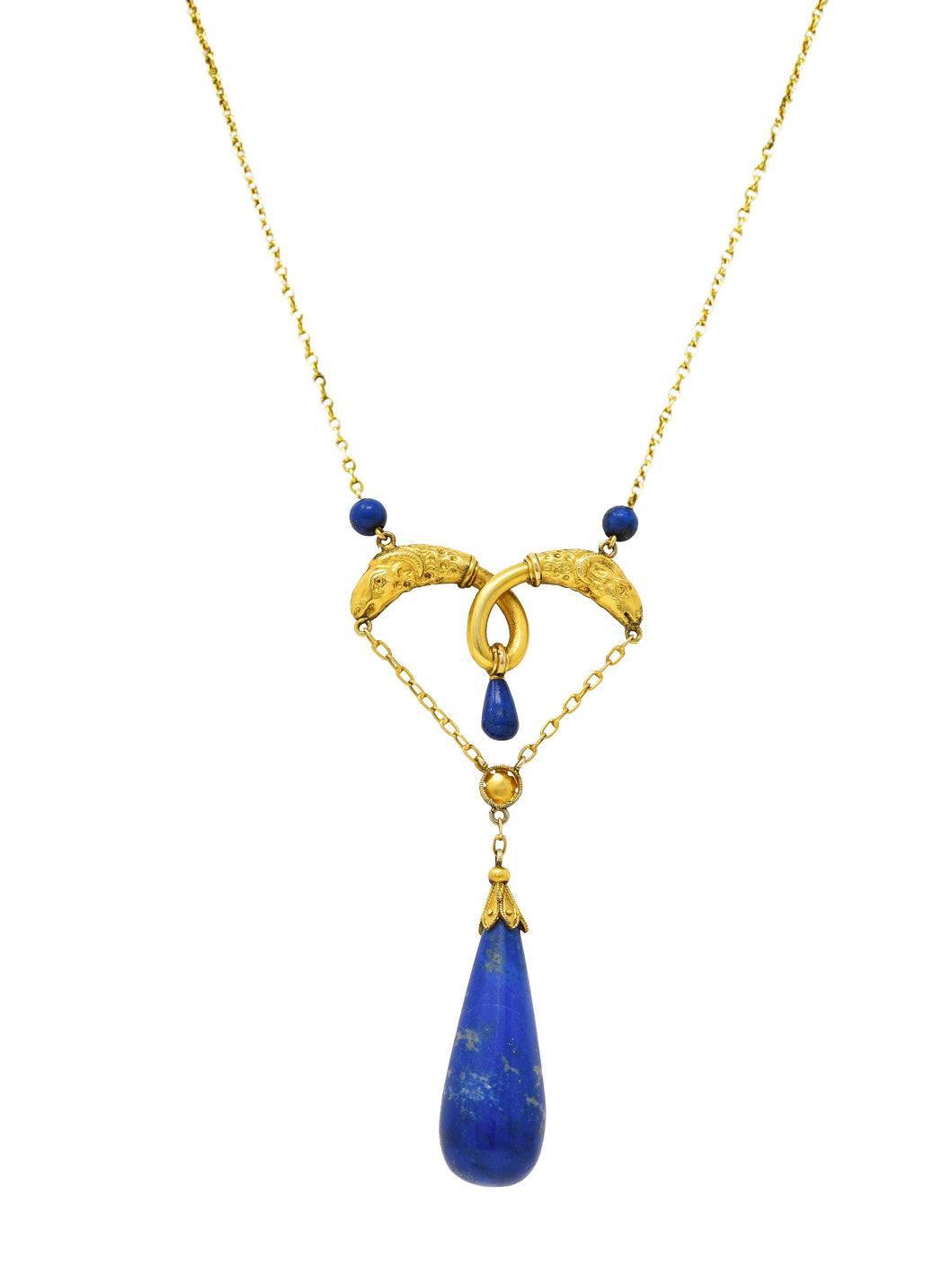 Victorian Etruscan Revival Lapis Lazuli 14 Karat Yellow Gold Ram Antique Swagged Necklace Wilson's Estate Jewelry