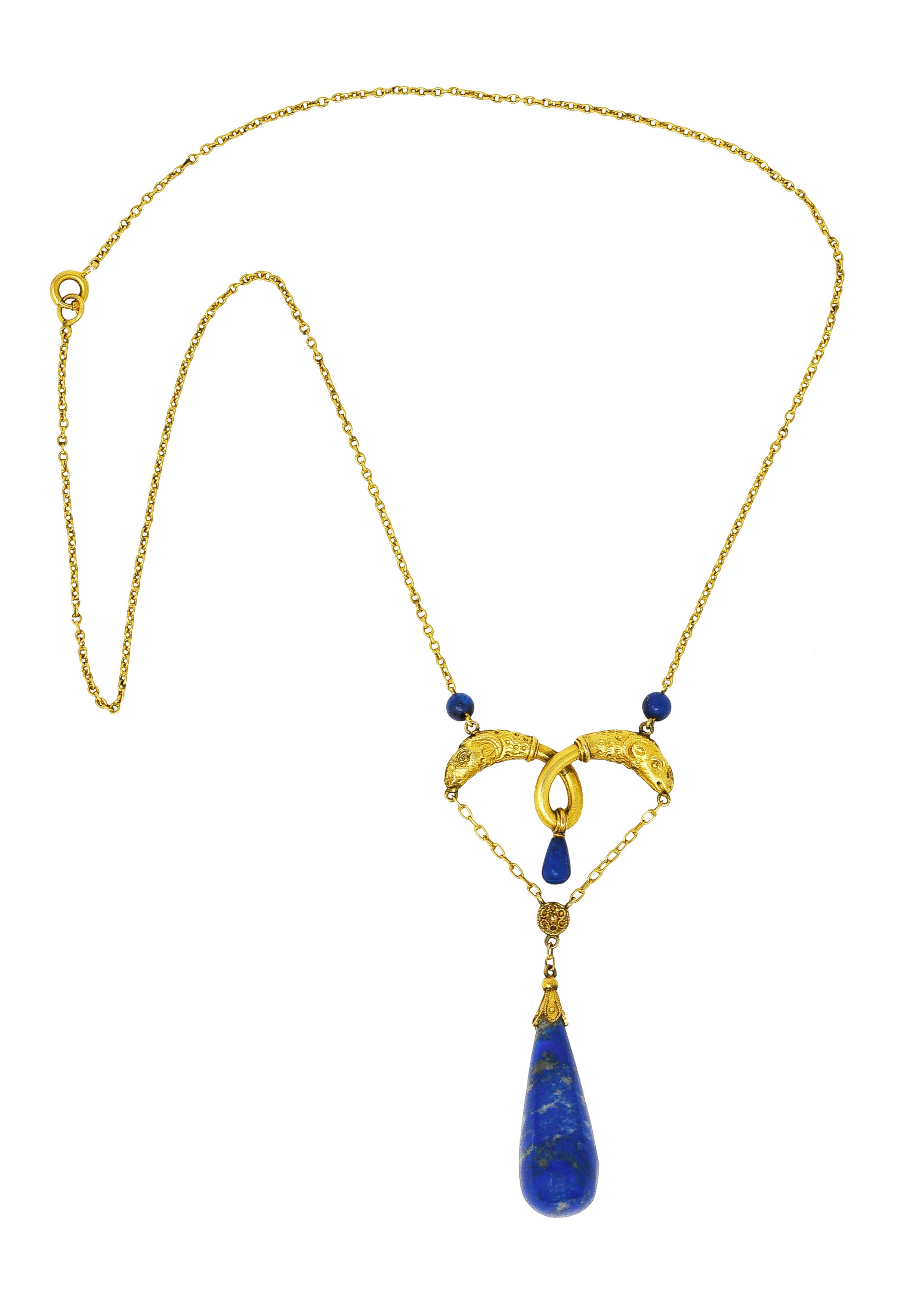 Victorian Etruscan Revival Lapis Lazuli 14 Karat Yellow Gold Ram Antique Swagged Necklace Wilson's Estate Jewelry