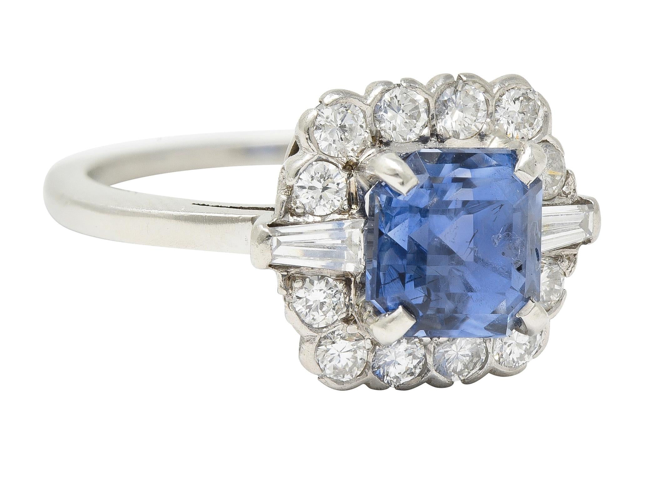 Mid-Century 2.78 CTW No Heat Ceylon Sapphire Diamond Platinum Vintage Ring GIA