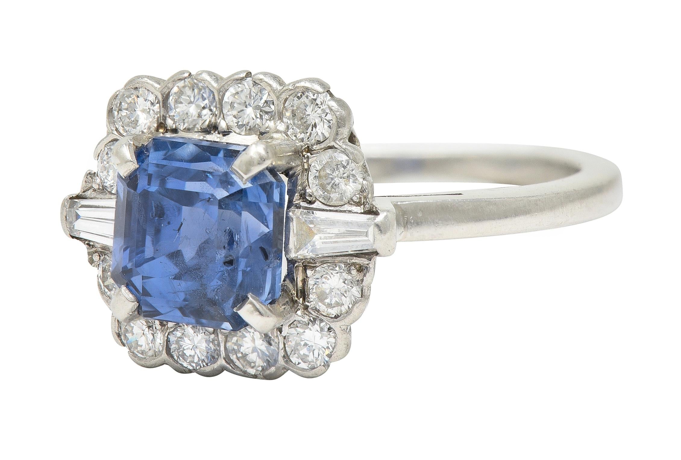 Mid-Century 2.78 CTW No Heat Ceylon Sapphire Diamond Platinum Vintage Ring GIA