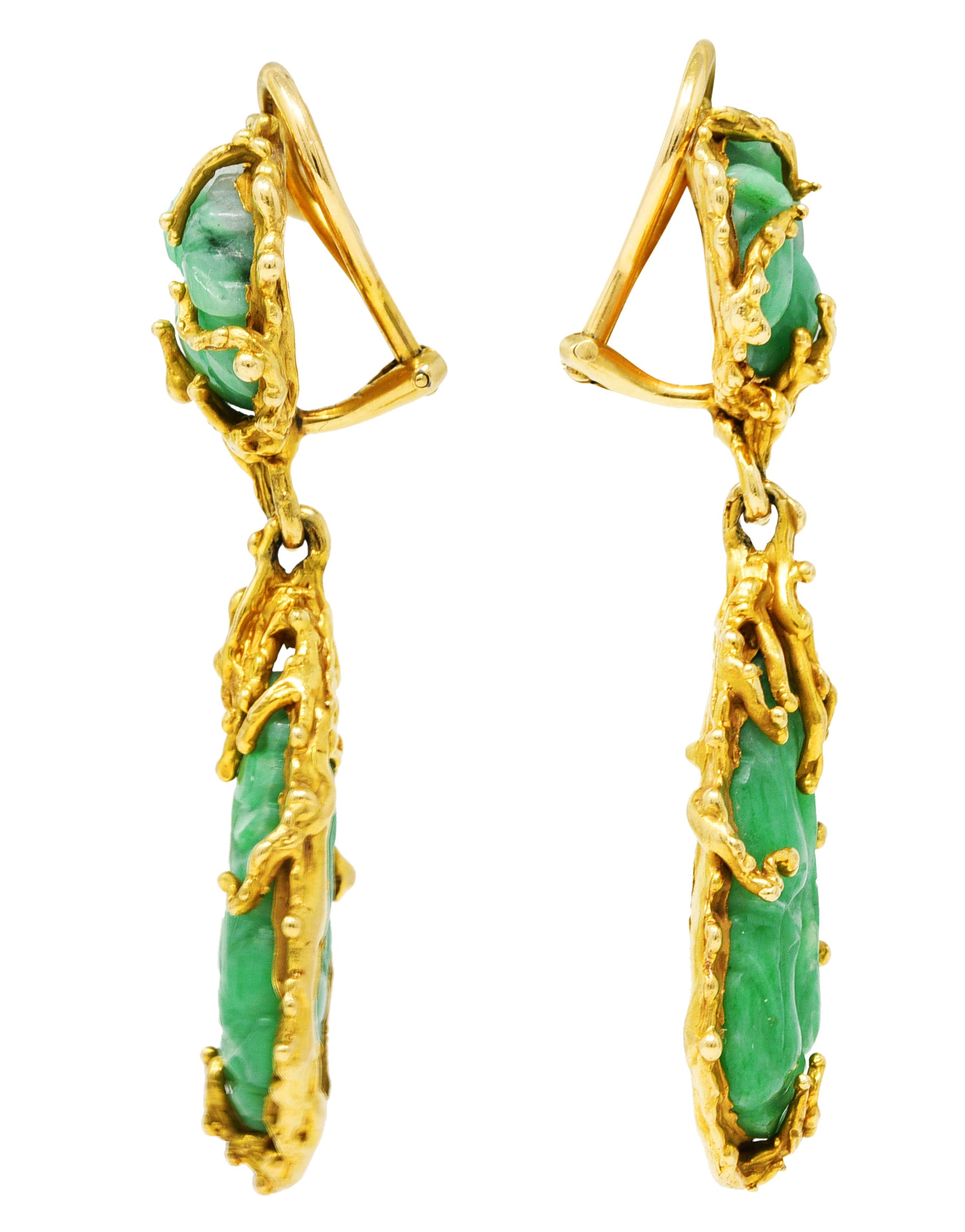 Vintage Brutalist Jade 14 Karat Yellow Gold Carved Organic Drop Earrings Wilson's Estate Jewelry