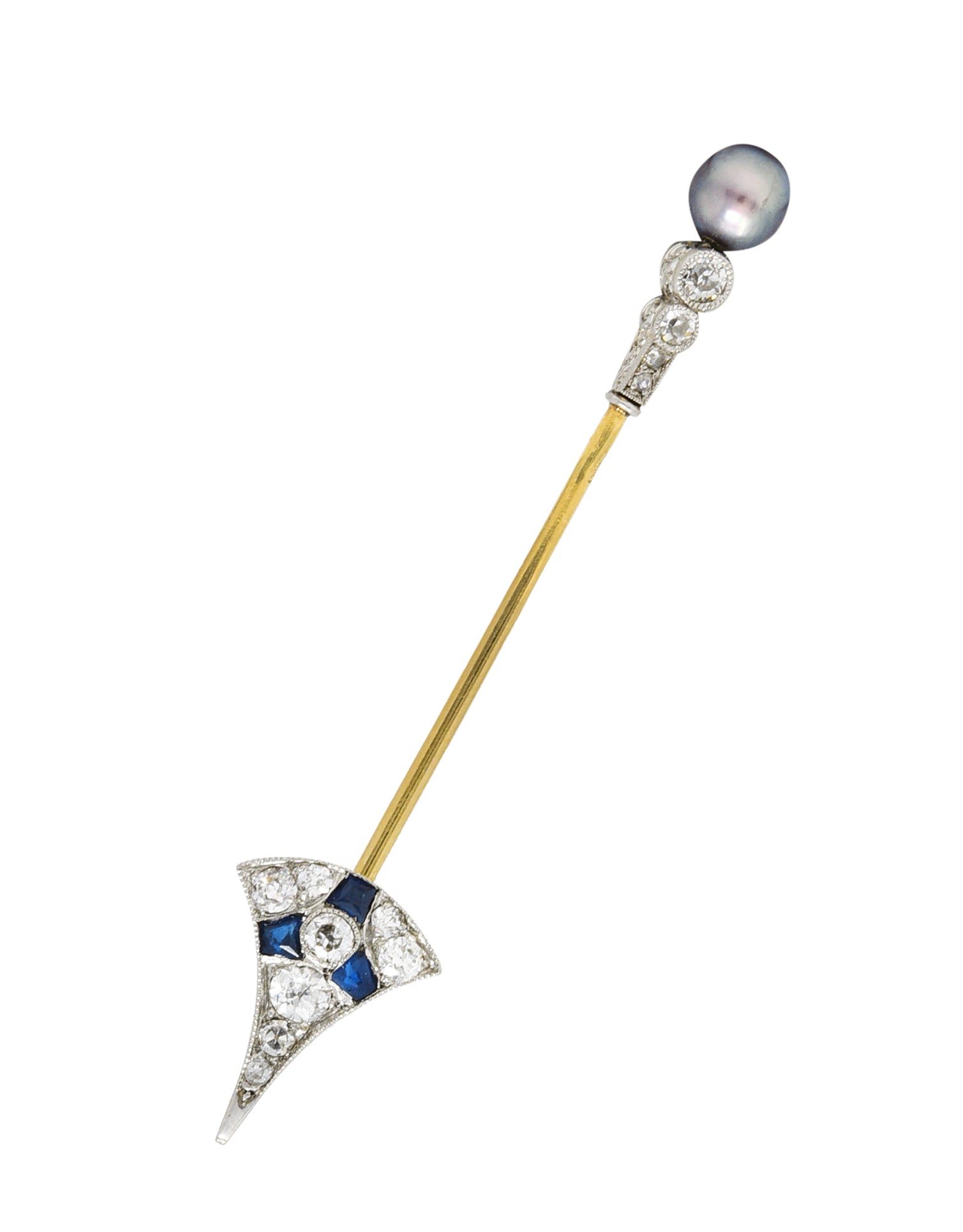 Art Deco Hungarian Diamond Sapphire Ruby Pearl Platinum 18 Karat Gold Antique Arrow Jabot Brooch Wilson's Estate Jewelry