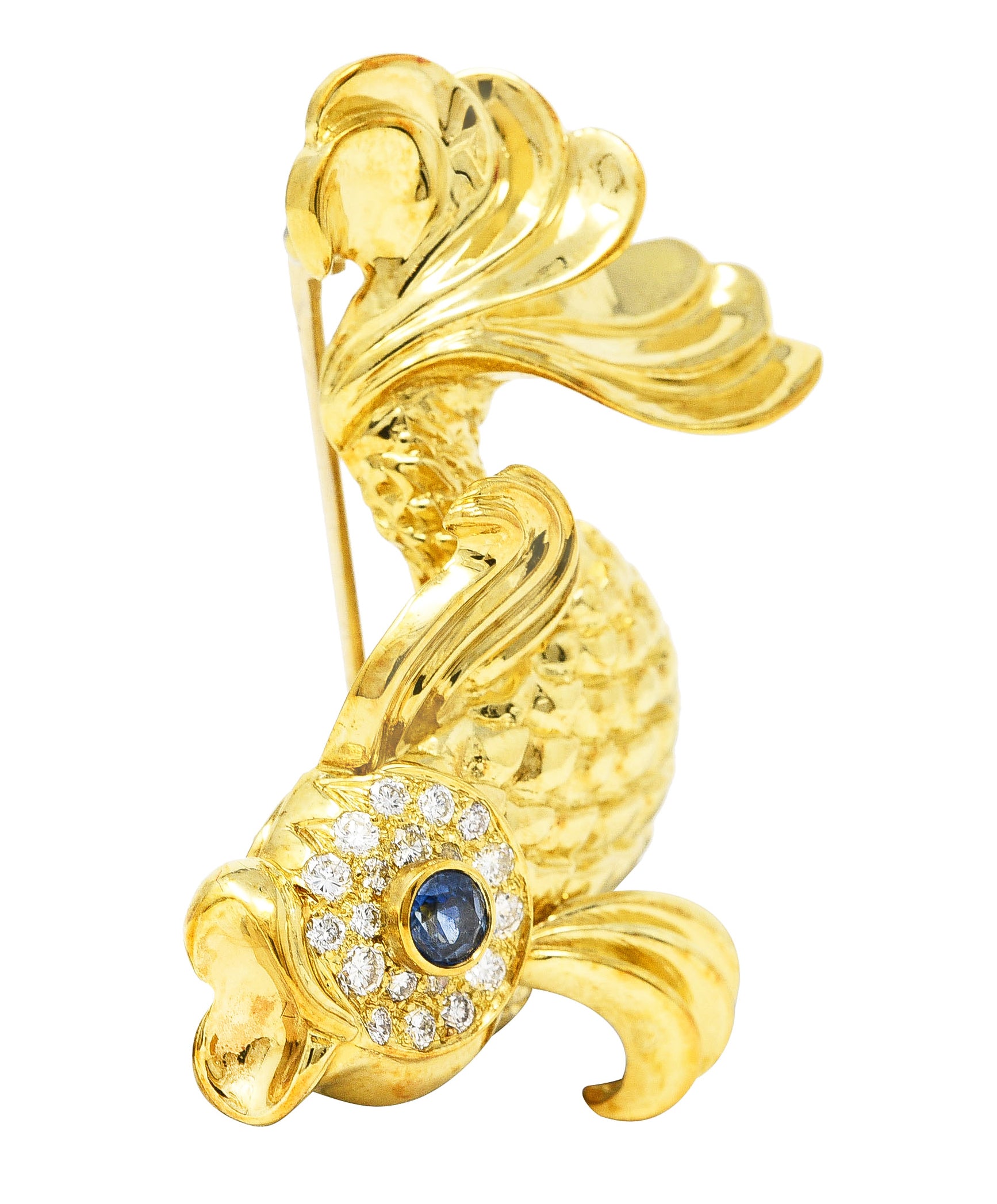 F.J. Cooper 1960's Diamond Sapphire 18 Karat Yellow Gold Koi Fish Vintage Brooch Wilson's Estate Jewelry