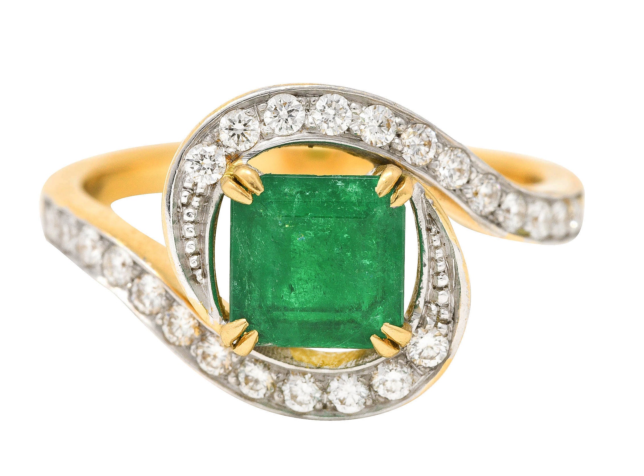 French Maison 1.57 CTW Emerald Diamond 18 Karat Yellow Gold Bypass Ring Wilson's Antique & Estate Jewelry