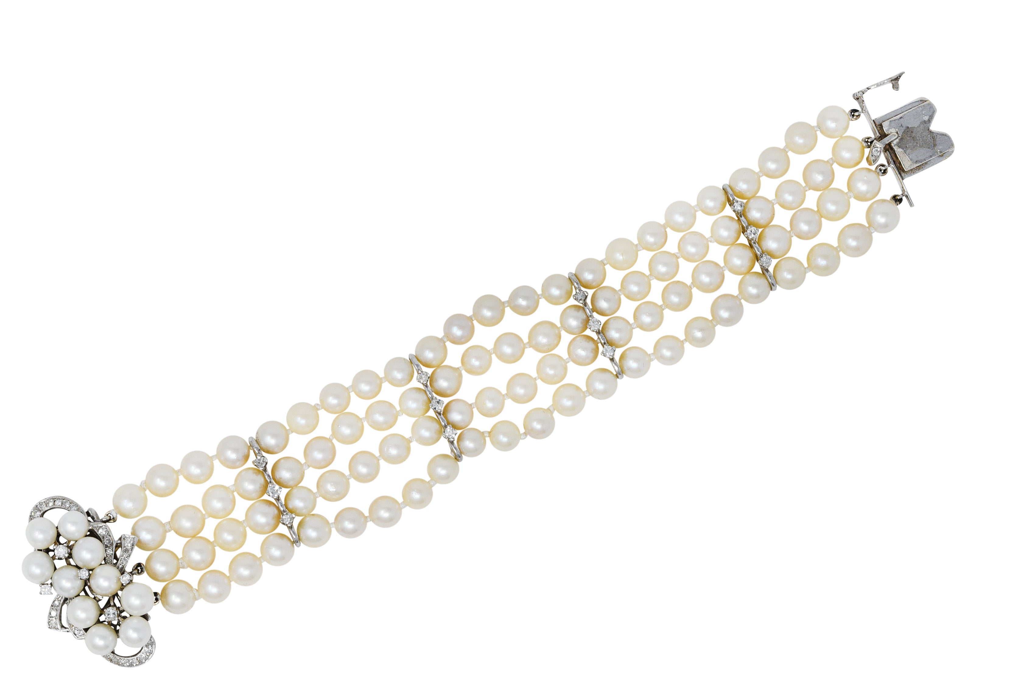 1950's Mid-Century Pearl 1.25 CTW Diamond 14 Karat White Gold Multi-Strand Braceletbracelet - Wilson's Estate Jewelry