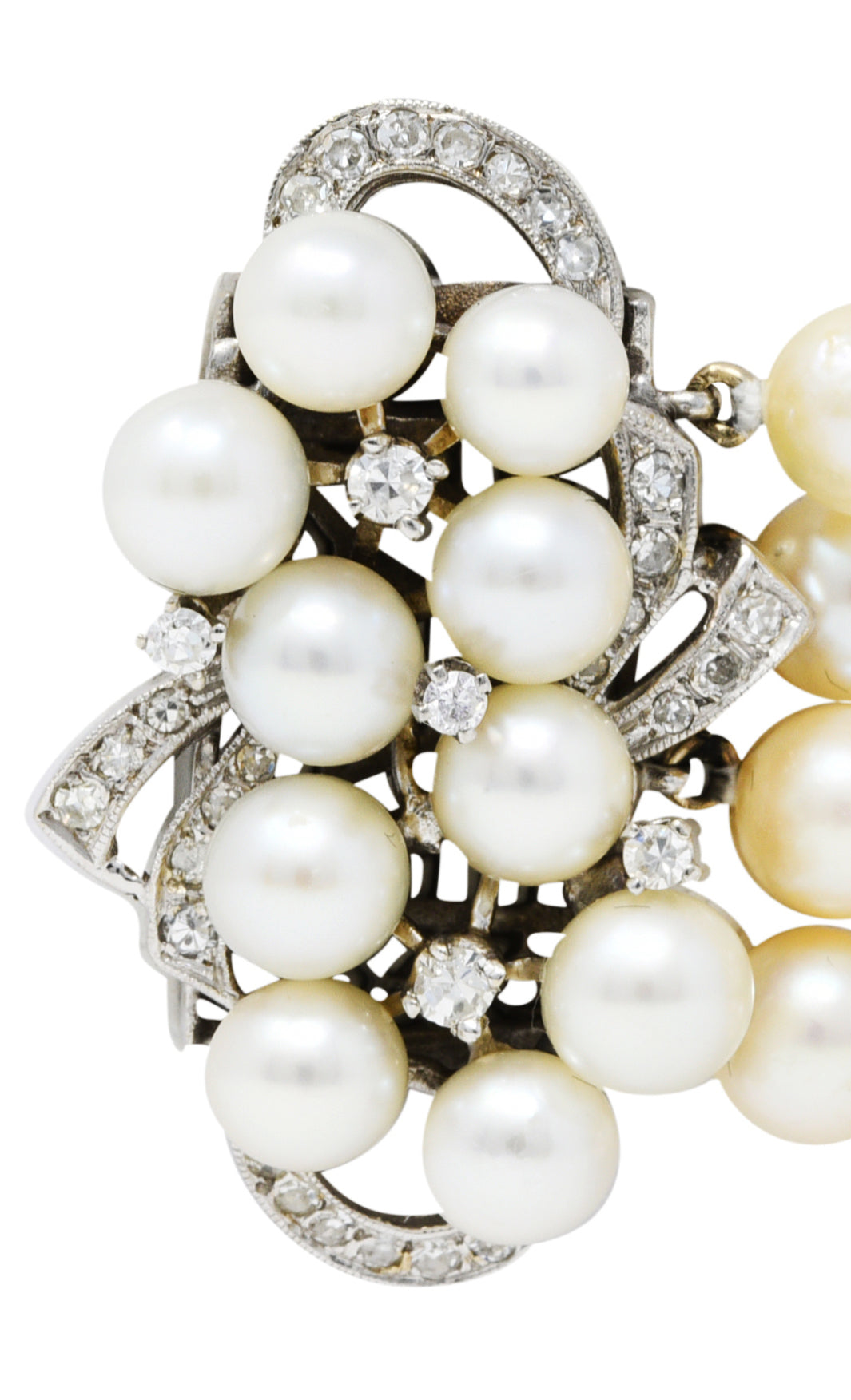 1950's Mid-Century Pearl 1.25 CTW Diamond 14 Karat White Gold Multi-Strand Braceletbracelet - Wilson's Estate Jewelry