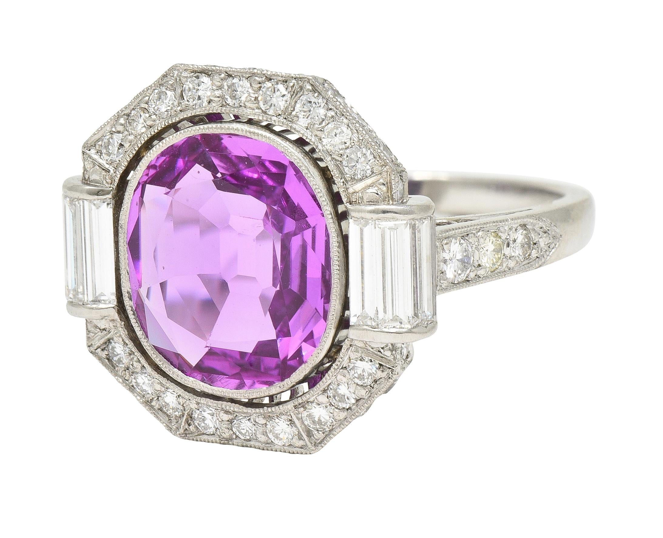 Mid-Century 6.64 CTW No Heat Ceylon Pink Sapphire Diamond Platinum Cluster Ring