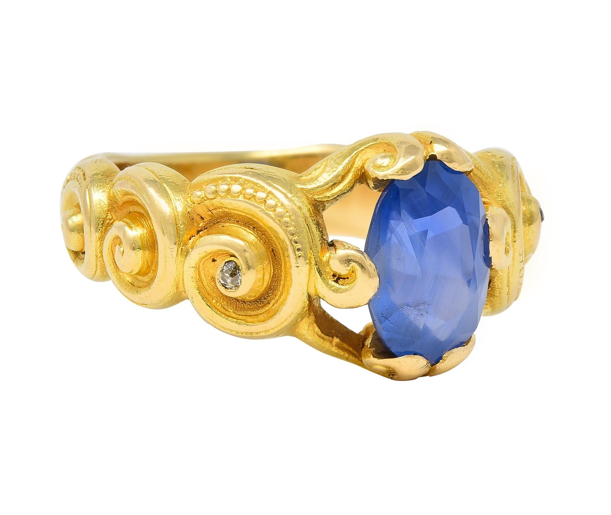 Art Nouveau 2.25 CTW Sapphire Diamond 18 Karat Yellow Gold Antique Swirl Ring