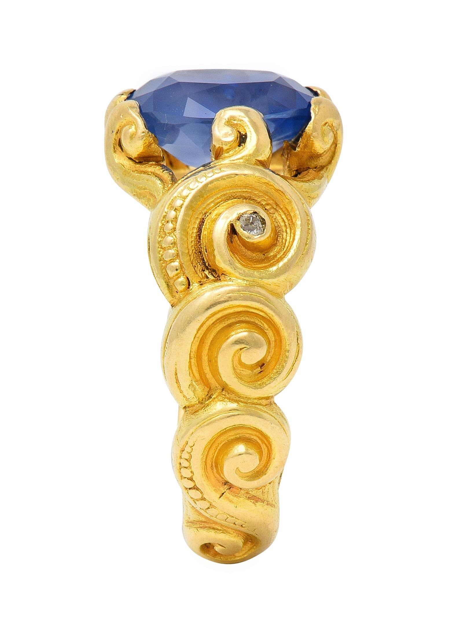 Art Nouveau 2.25 CTW Sapphire Diamond 18 Karat Yellow Gold Antique Swirl Ring