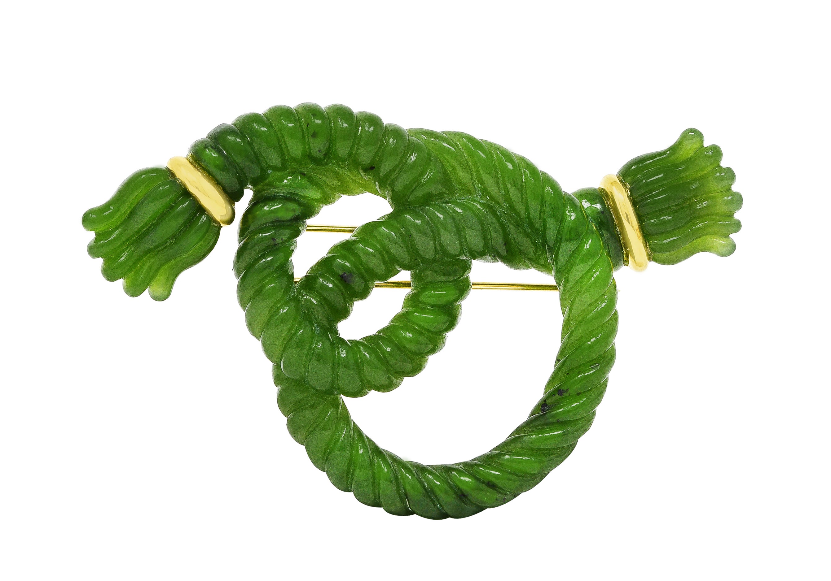 Angela Cummings Nephrite Jade 18 Karat Yellow Gold Rope Knot Vintage Brooch Wilson's Estate Jewelry