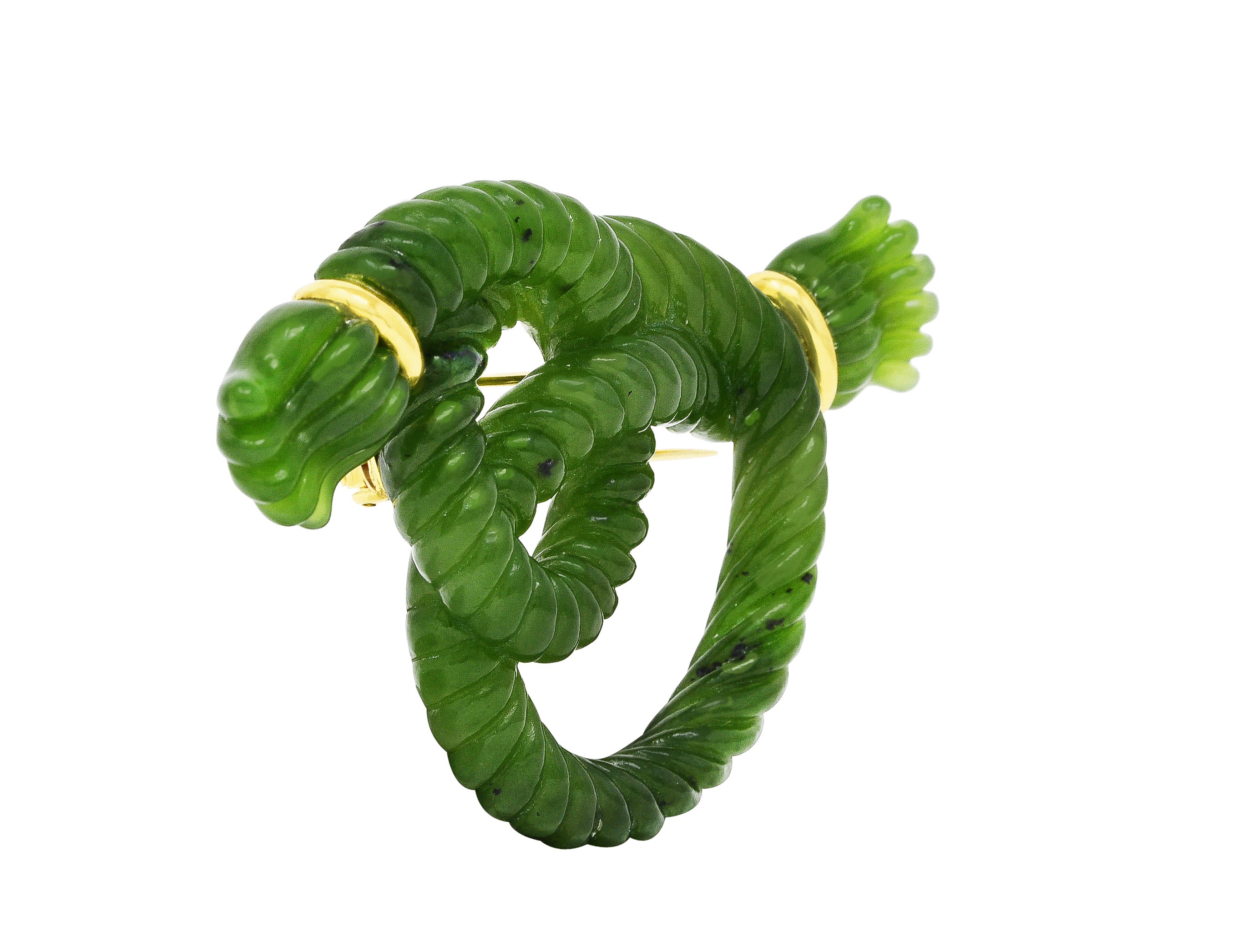 Angela Cummings Nephrite Jade 18 Karat Yellow Gold Rope Knot Vintage Brooch Wilson's Estate Jewelry