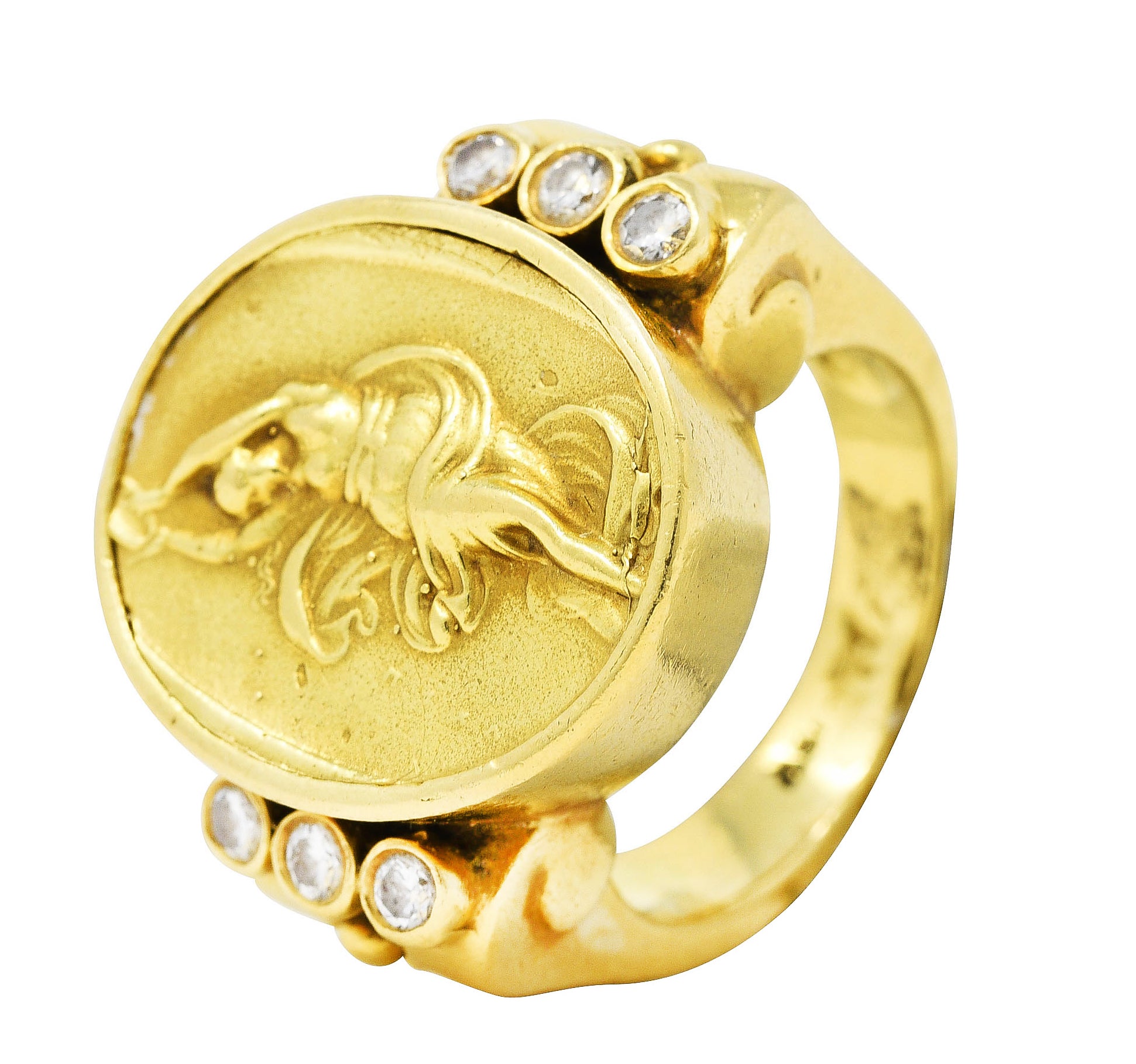 SeidenGang Neoclassical Diamond 18 Karat Yellow Gold Greek Muse Signet Ring Wilson's Antique & Estate Jewelry