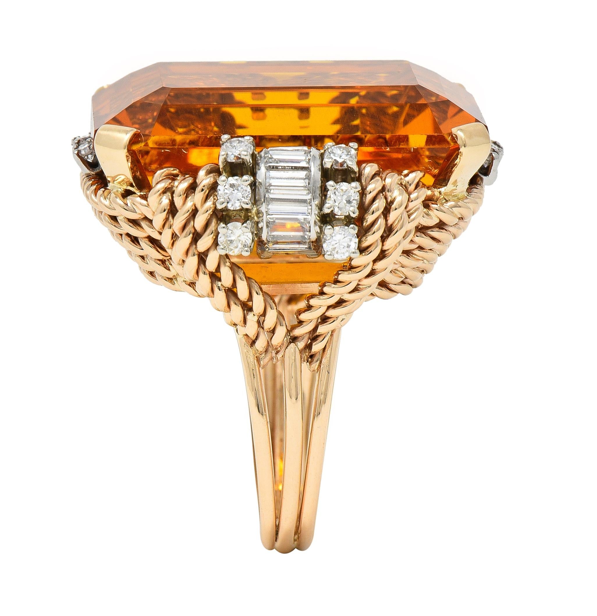 Retro 42.98 CTW Citrine Diamond 14 Karat Two-Tone Gold Rope Cocktail Ring