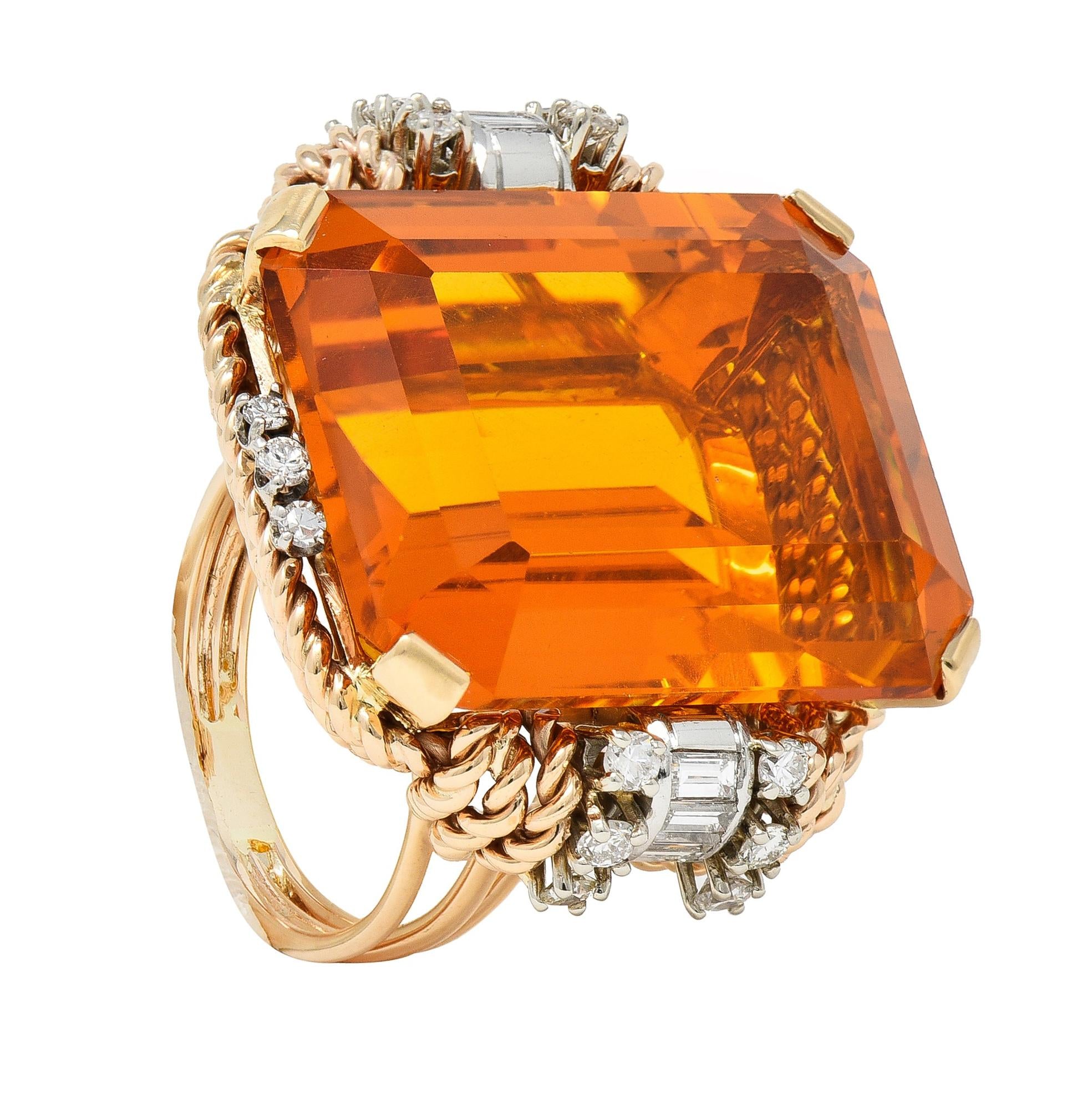 Retro 42.98 CTW Citrine Diamond 14 Karat Two-Tone Gold Rope Cocktail Ring