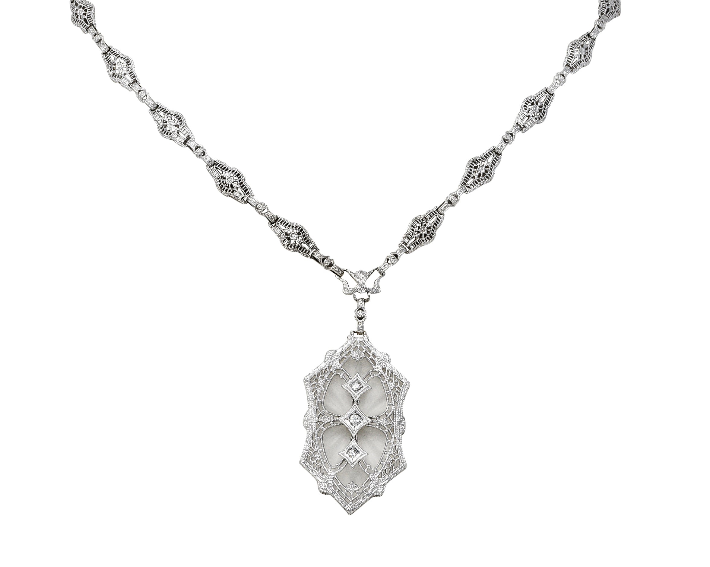 1920's Art Deco Camphor Glass Diamond 14 Karat White Gold Drop NecklaceNecklace - Wilson's Estate Jewelry