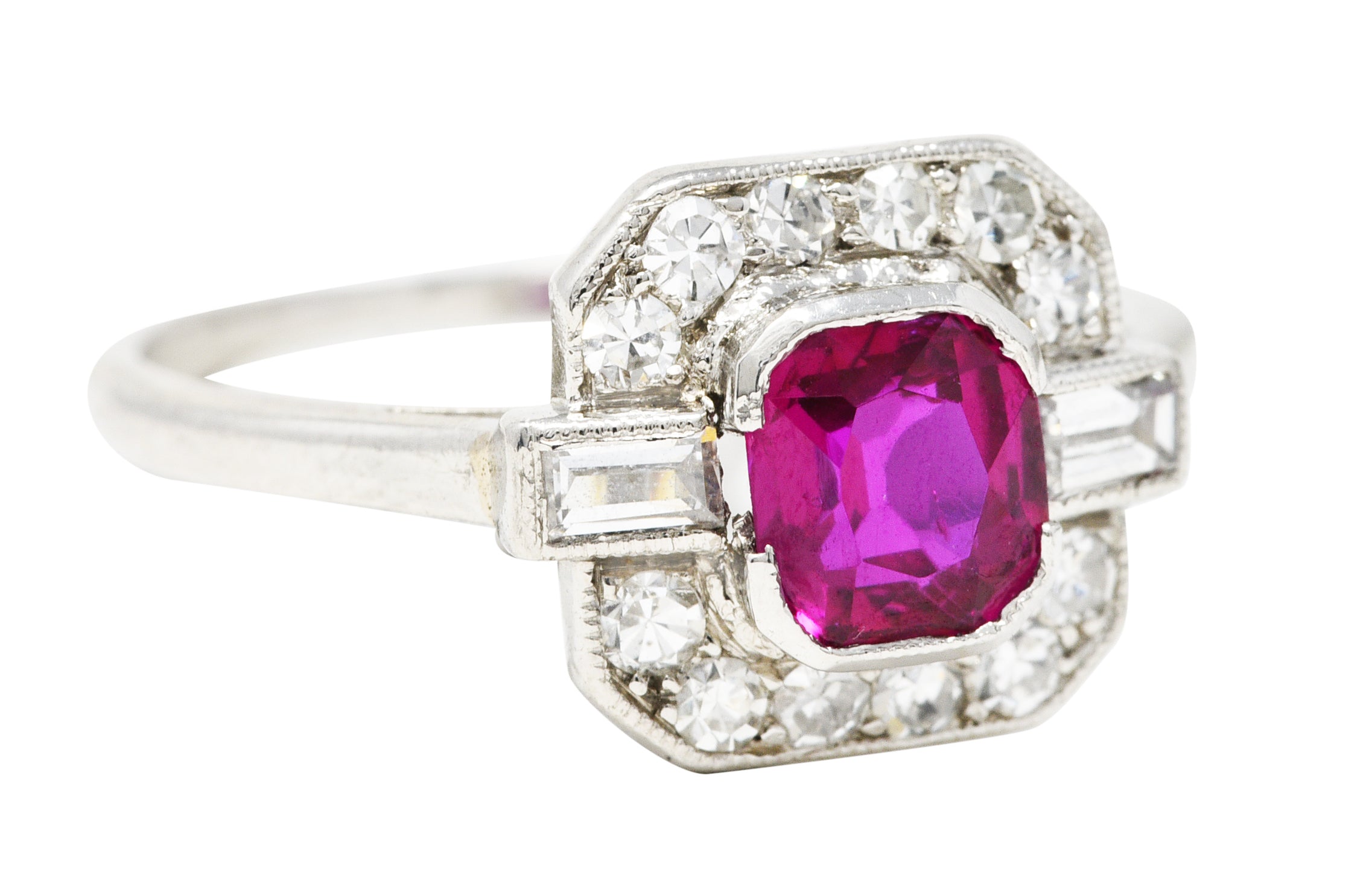 1930's Art Deco 1.15 CTW No Heat Burma Ruby Diamond Platinum Cushion Halo Gemstone Ring GIA Wilson's Estate Jewelry