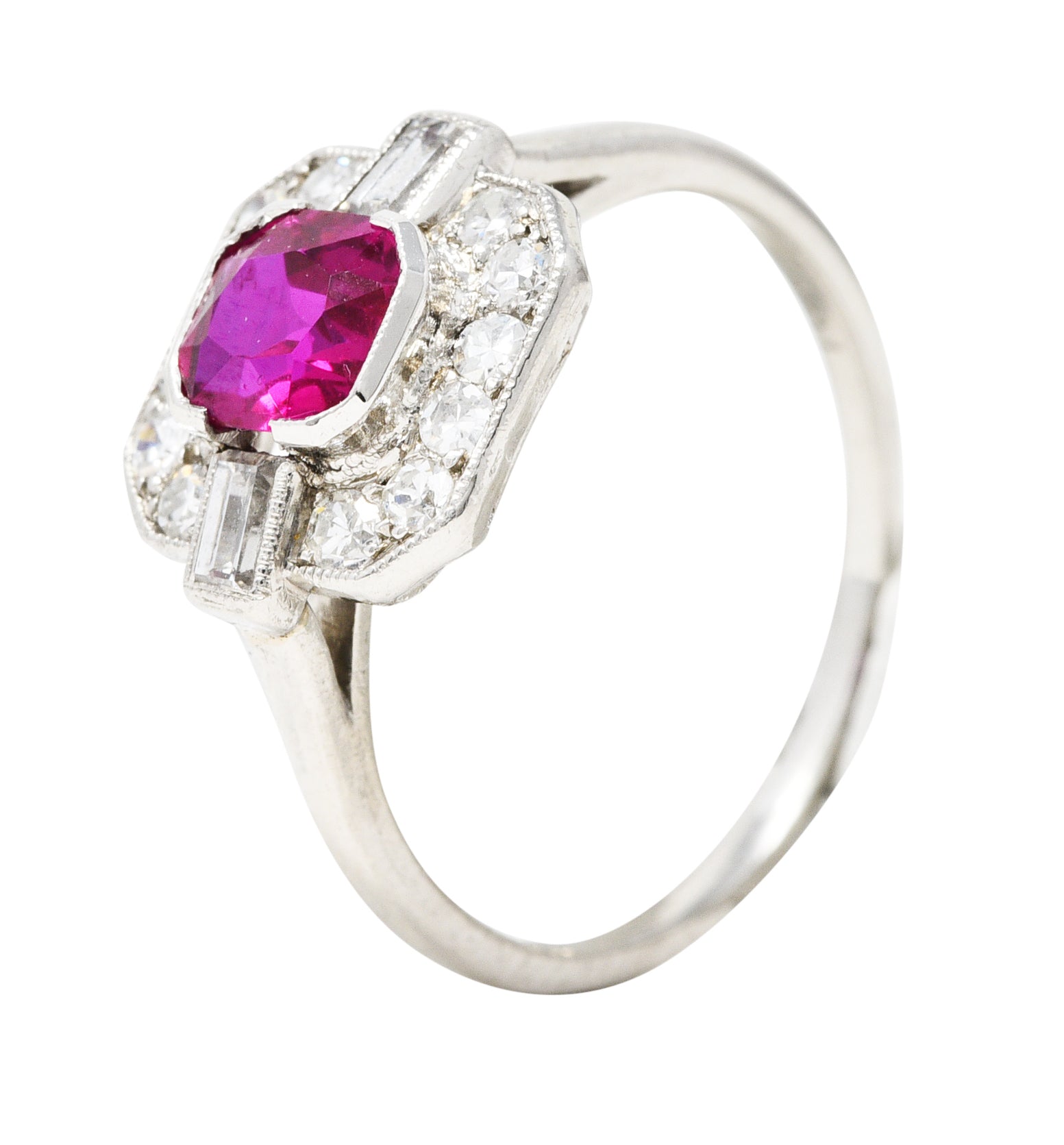 1930's Art Deco 1.15 CTW No Heat Burma Ruby Diamond Platinum Cushion Halo Gemstone Ring GIA Wilson's Estate Jewelry