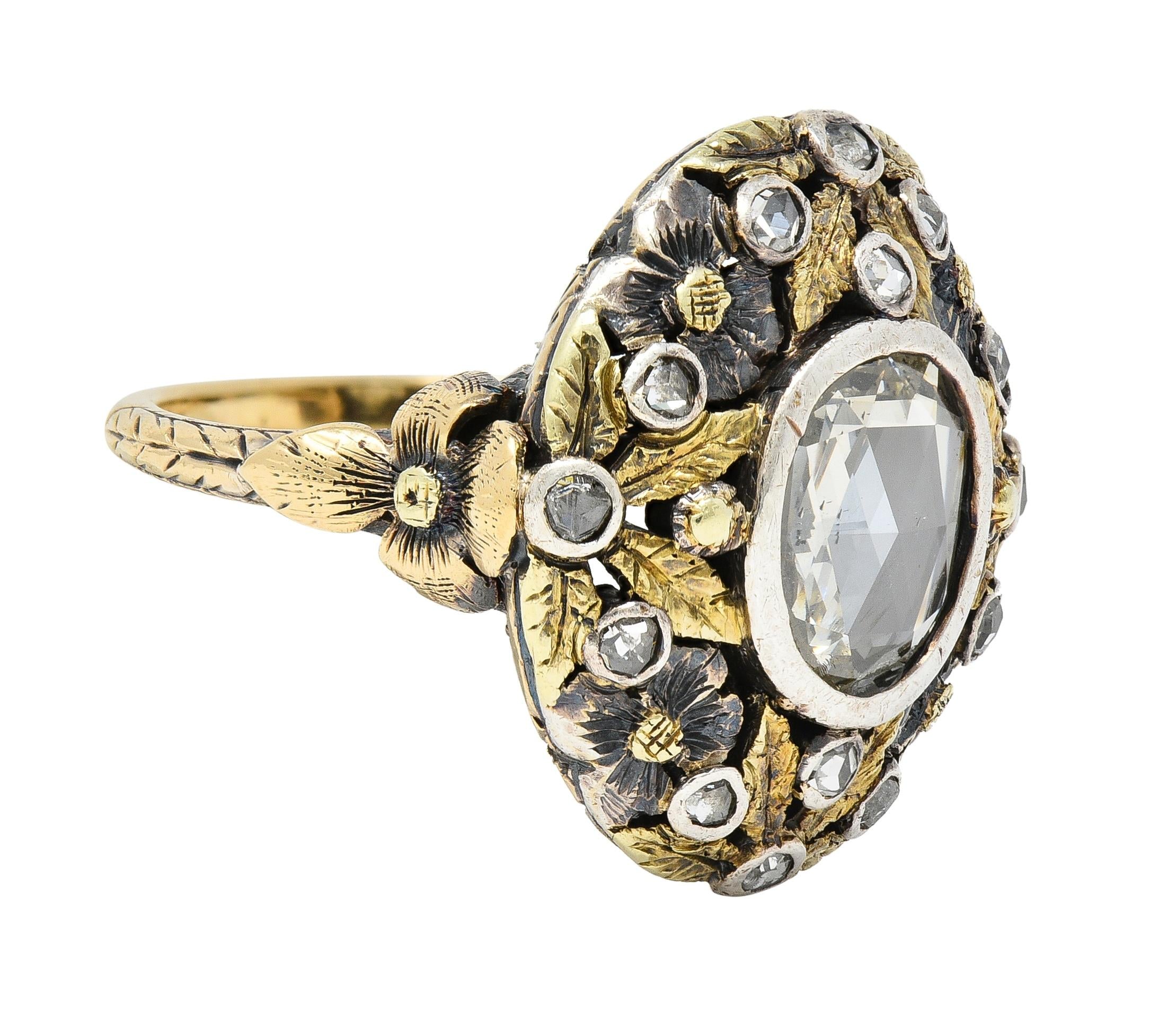 Arts & Crafts 1.26 CTW Rose Cut Diamond Silver-Topped 14 Karat Gold Floral Ring