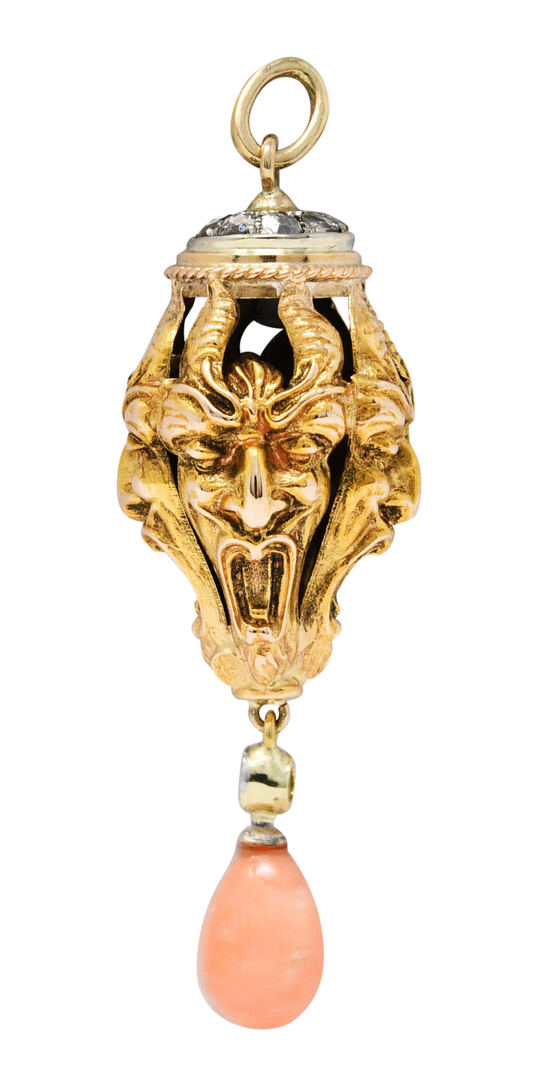 Victorian Pink Coral Diamond 18 Karat Two-Tone Gold Devil Pendant Charmcharm - Wilson's Estate Jewelry