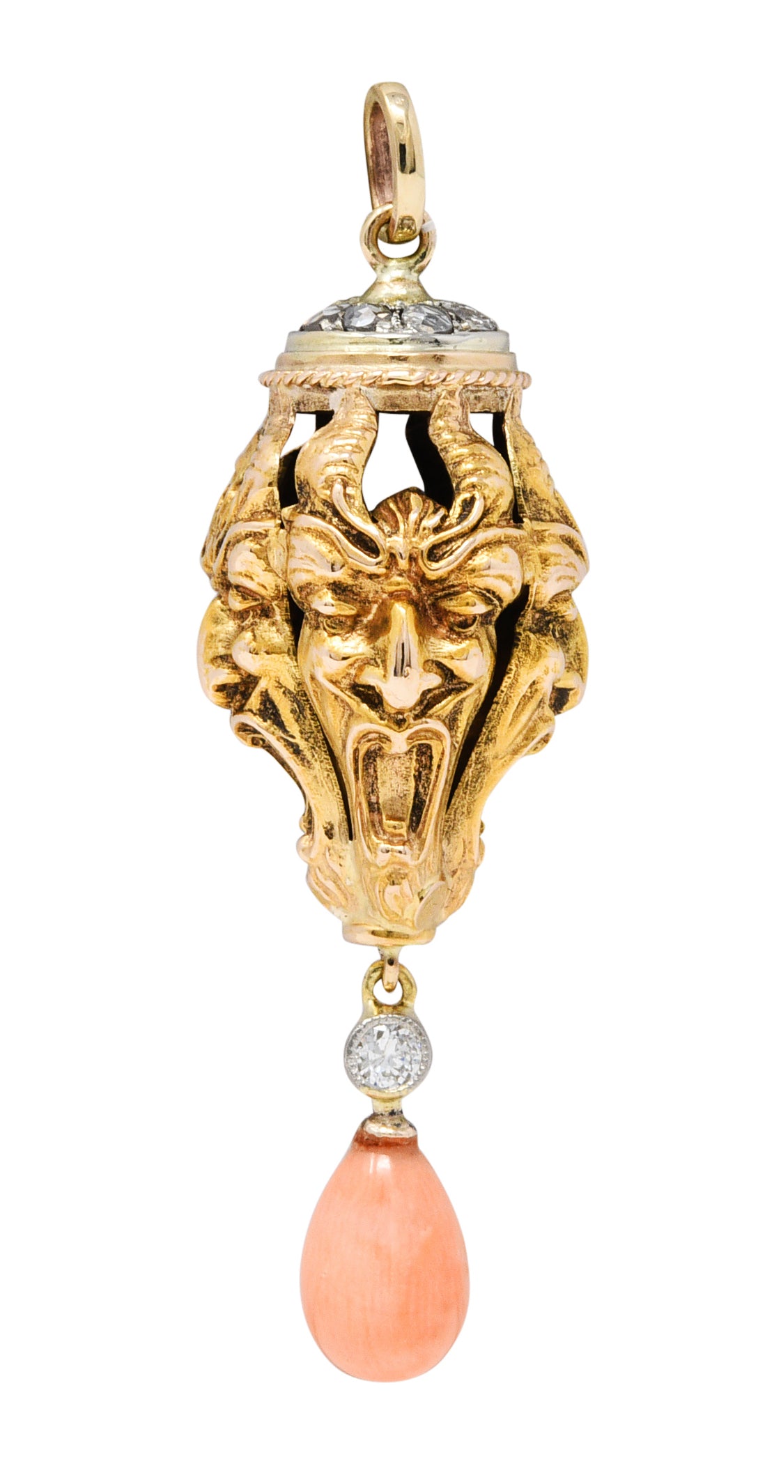 Victorian Pink Coral Diamond 18 Karat Two-Tone Gold Devil Pendant Charmcharm - Wilson's Estate Jewelry