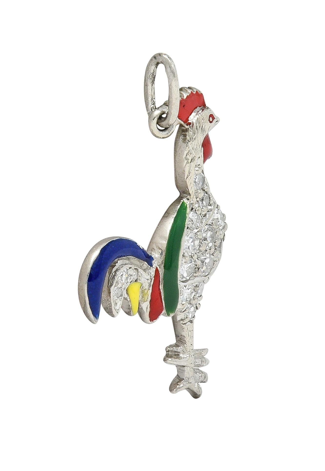 Art Deco Diamond Enamel Platinum Rooster Vintage Charm