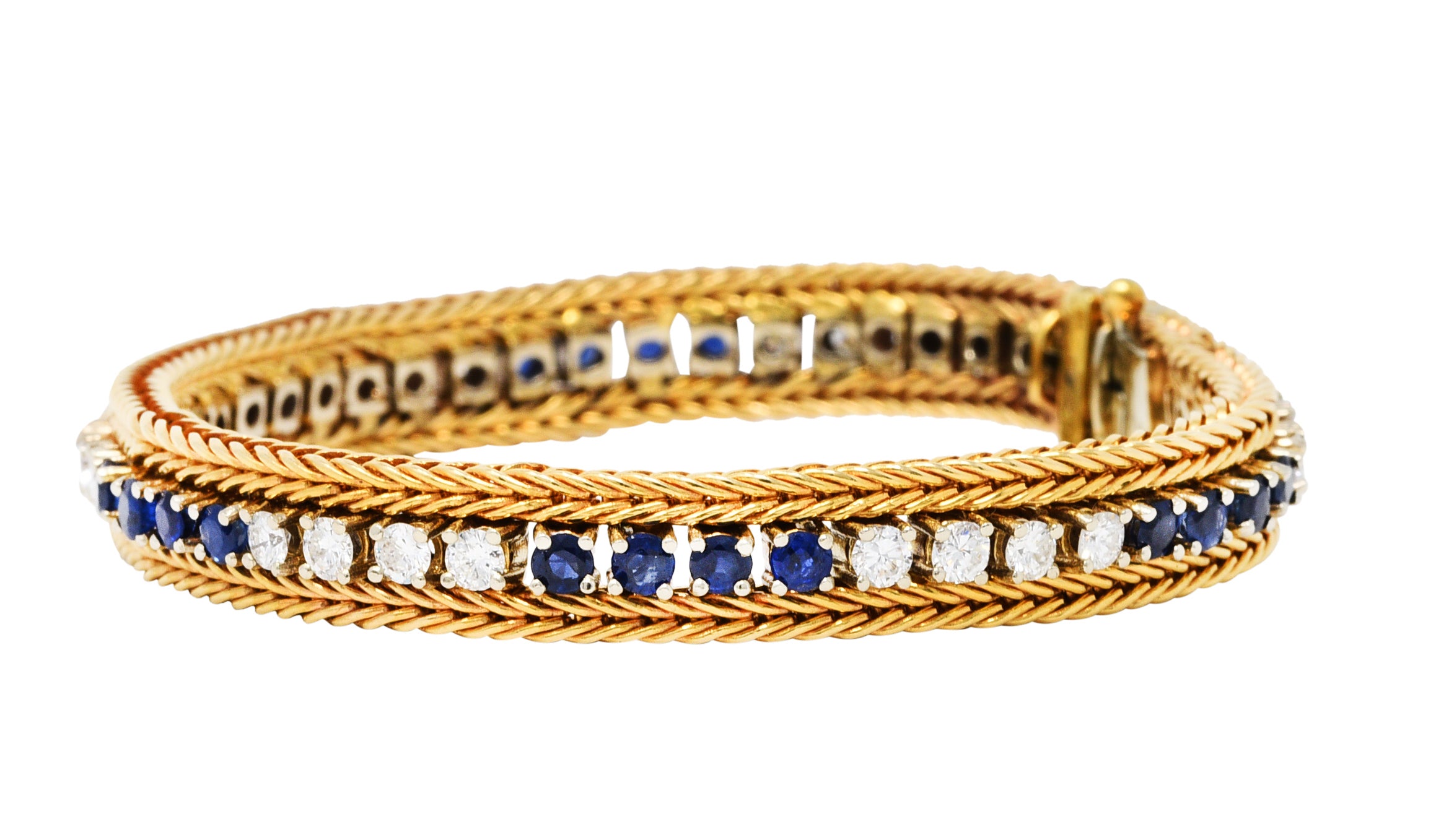 Vintage 5.00 CTW Diamond Sapphire 18 Karat Two-Tone Gold Wheat Line Braceletbracelet - Wilson's Estate Jewelry