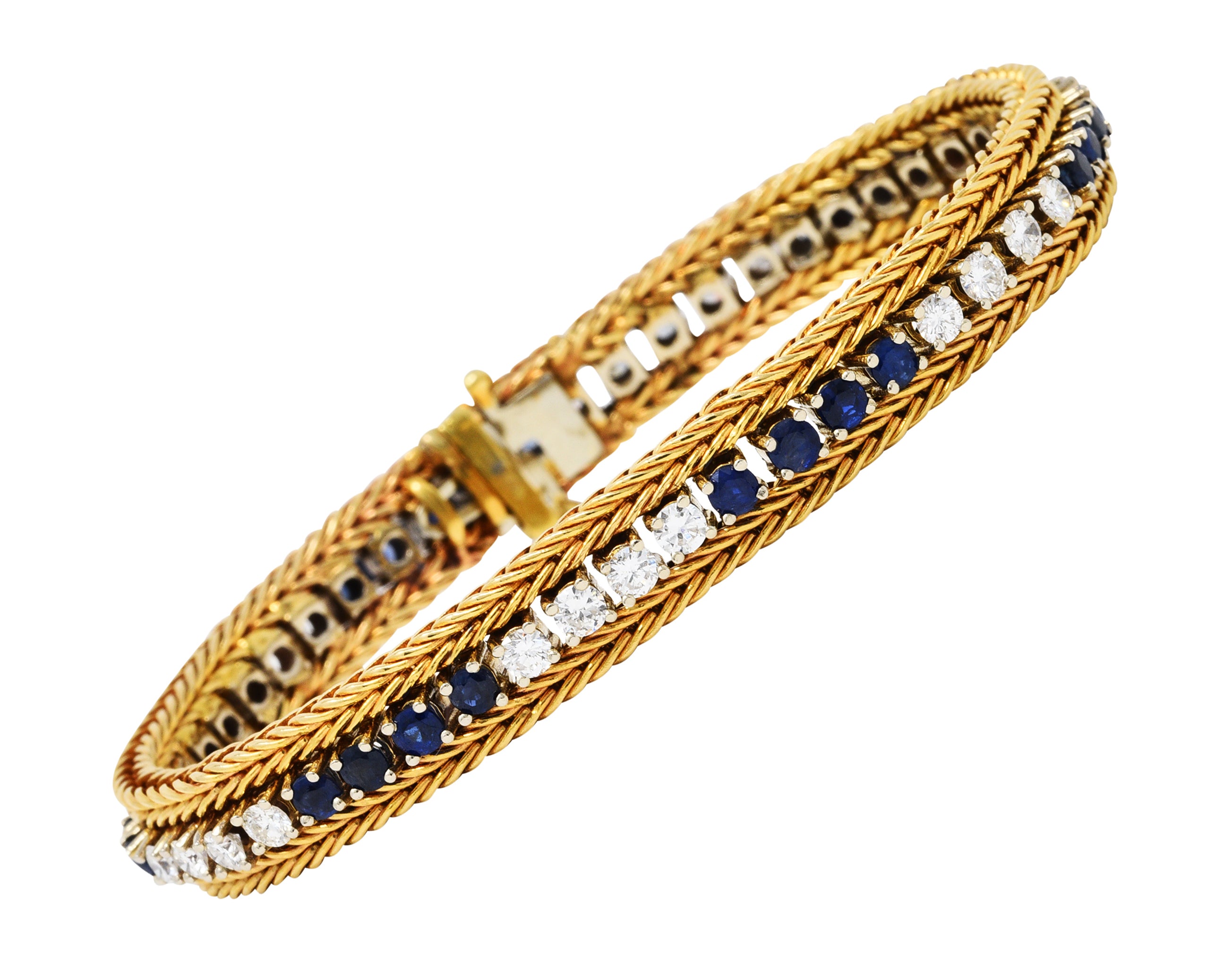 Vintage 5.00 CTW Diamond Sapphire 18 Karat Two-Tone Gold Wheat Line Braceletbracelet - Wilson's Estate Jewelry