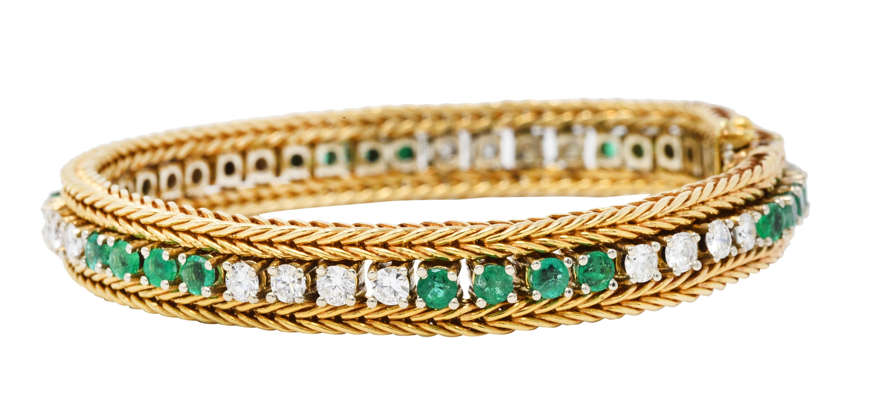 Vintage 3.00 CTW Diamond Emerald 18 Karat Two-Tone Gold Wheat Line Braceletbracelet - Wilson's Estate Jewelry