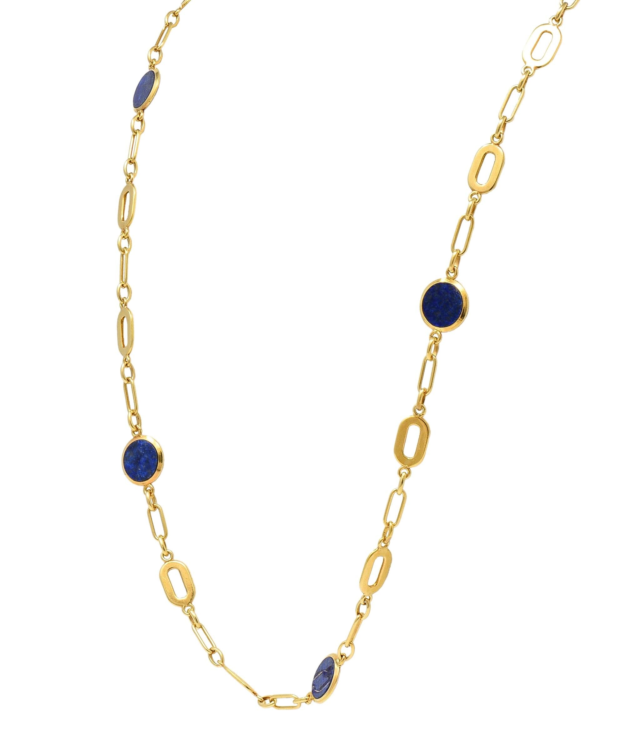 1970's Lapis Lazuli 18 Karat Yellow Gold Vintage Station Link Chain Necklace