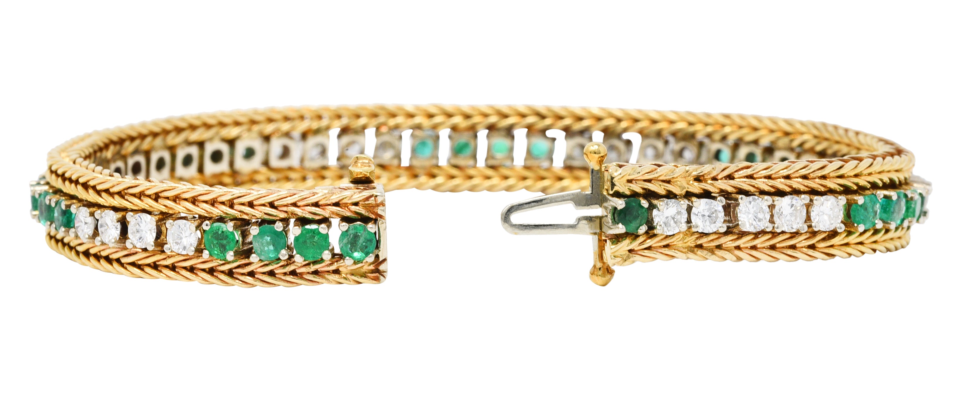Vintage 3.00 CTW Diamond Emerald 18 Karat Two-Tone Gold Wheat Line Braceletbracelet - Wilson's Estate Jewelry