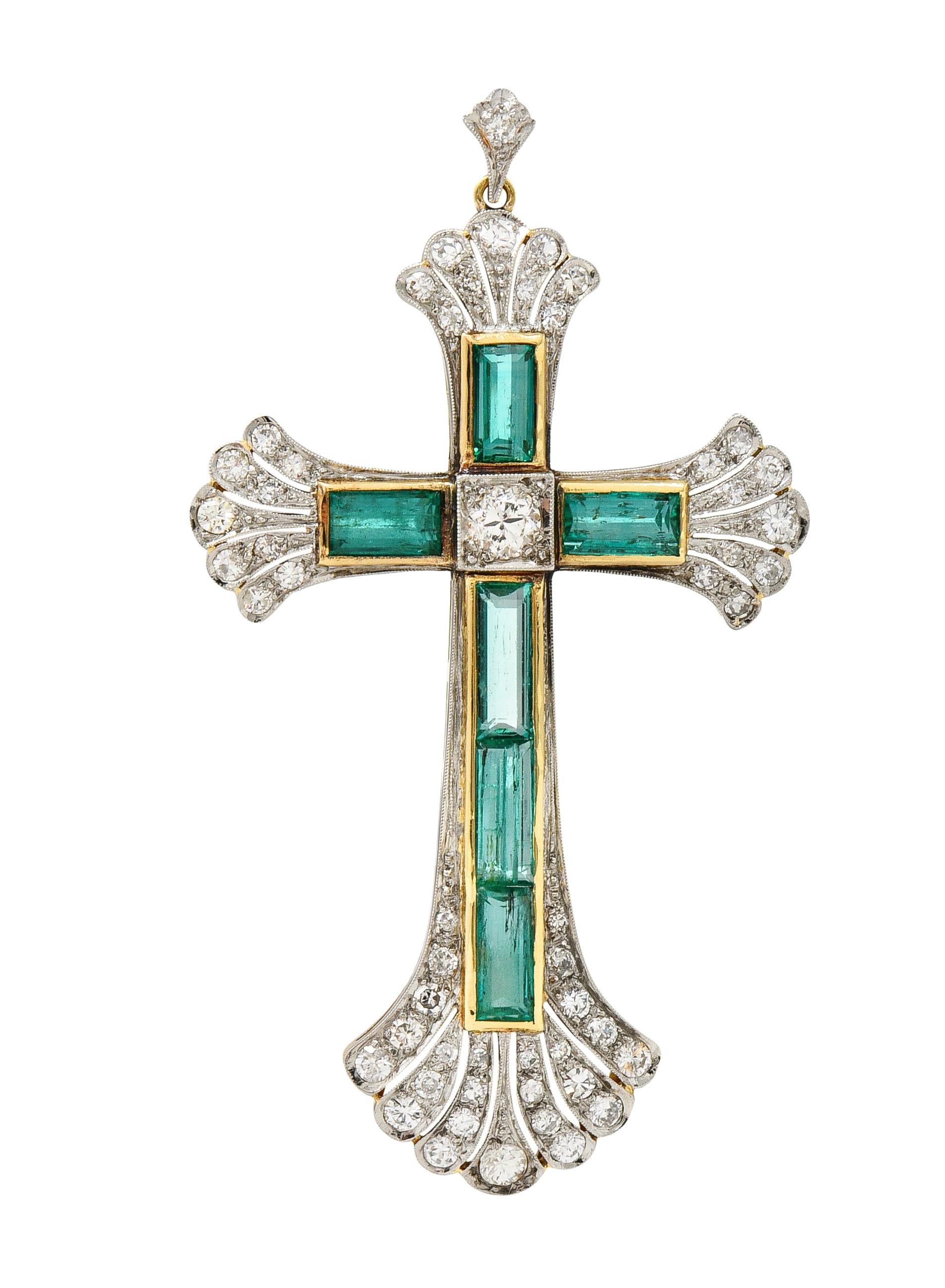 Early Art Deco 9.81 CTW Emerald Diamond Platinum 14 Karat Yellow Gold Cross Pend