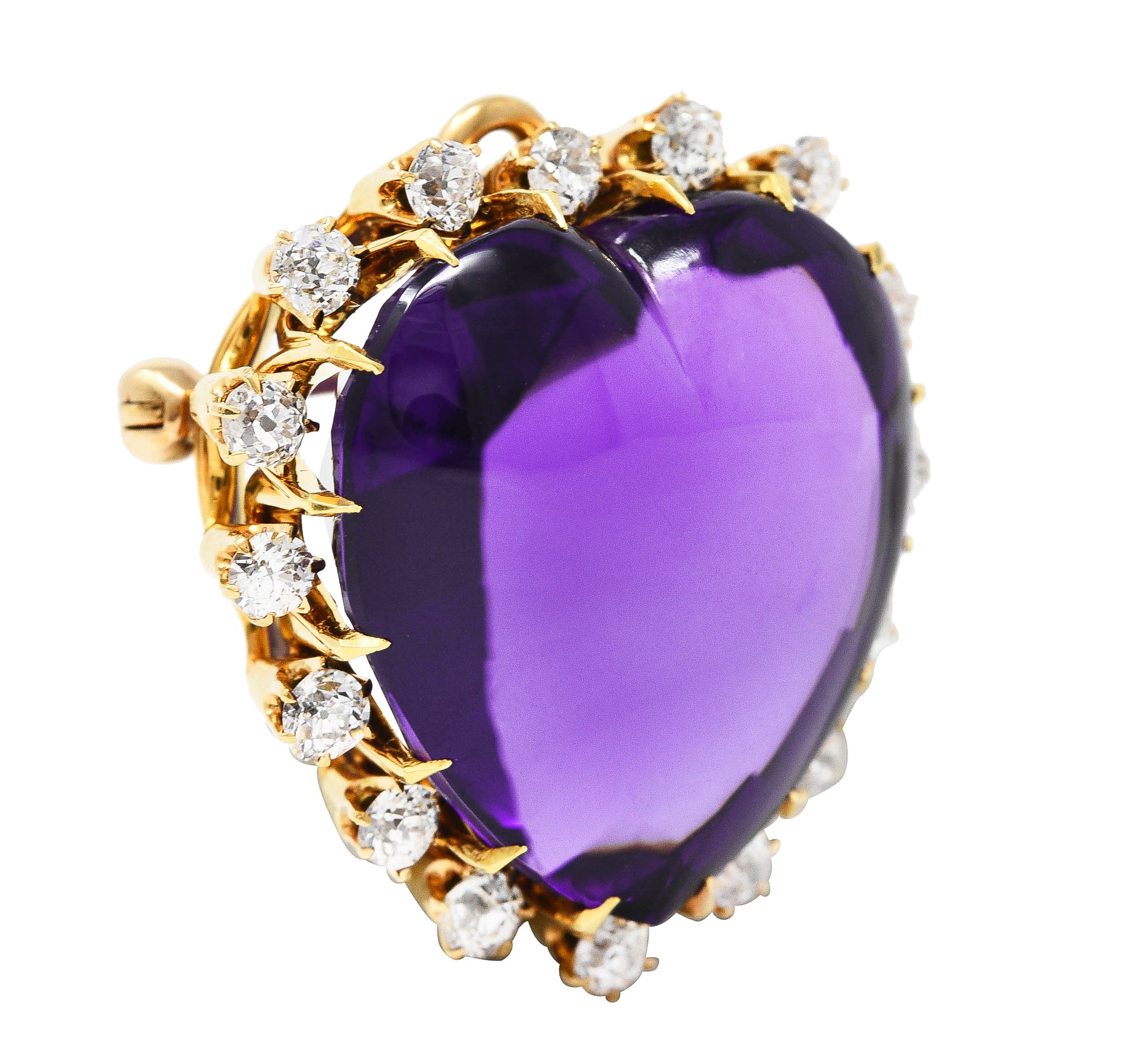 Victorian Old Mine Cut Diamond Amethyst Cabochon 18 Karat Yellow Gold Heart Antique Halo Pendant Brooch Wilson's Estate Jewelry