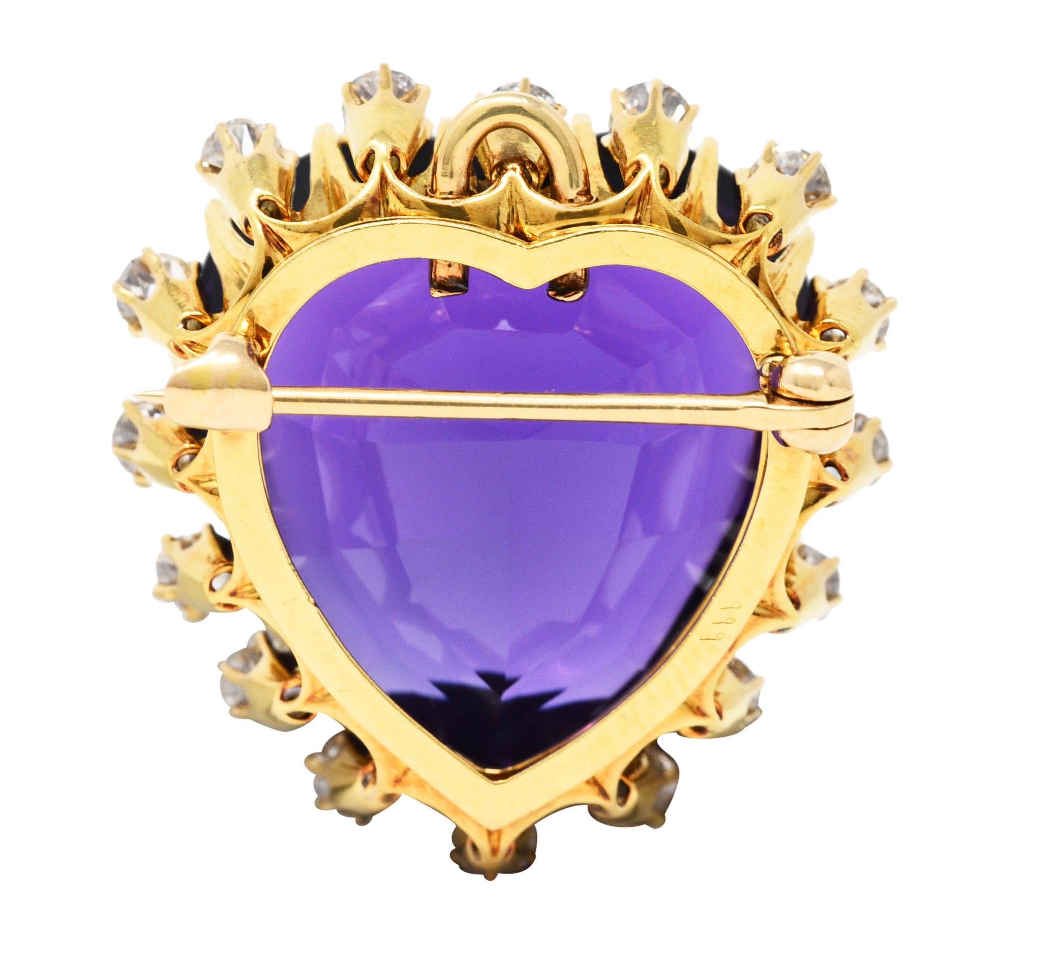 Victorian Old Mine Cut Diamond Amethyst Cabochon 18 Karat Yellow Gold Heart Antique Halo Pendant Brooch Wilson's Estate Jewelry