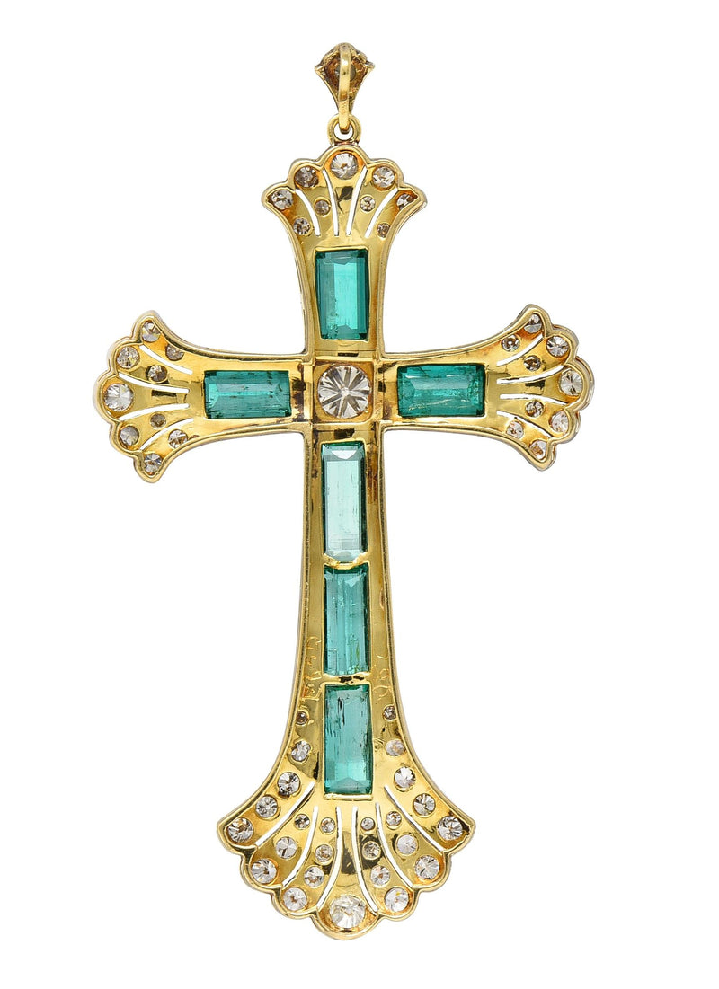 Early Art Deco 9.81 CTW Emerald Diamond Platinum 14 Karat Yellow Gold Cross Pend