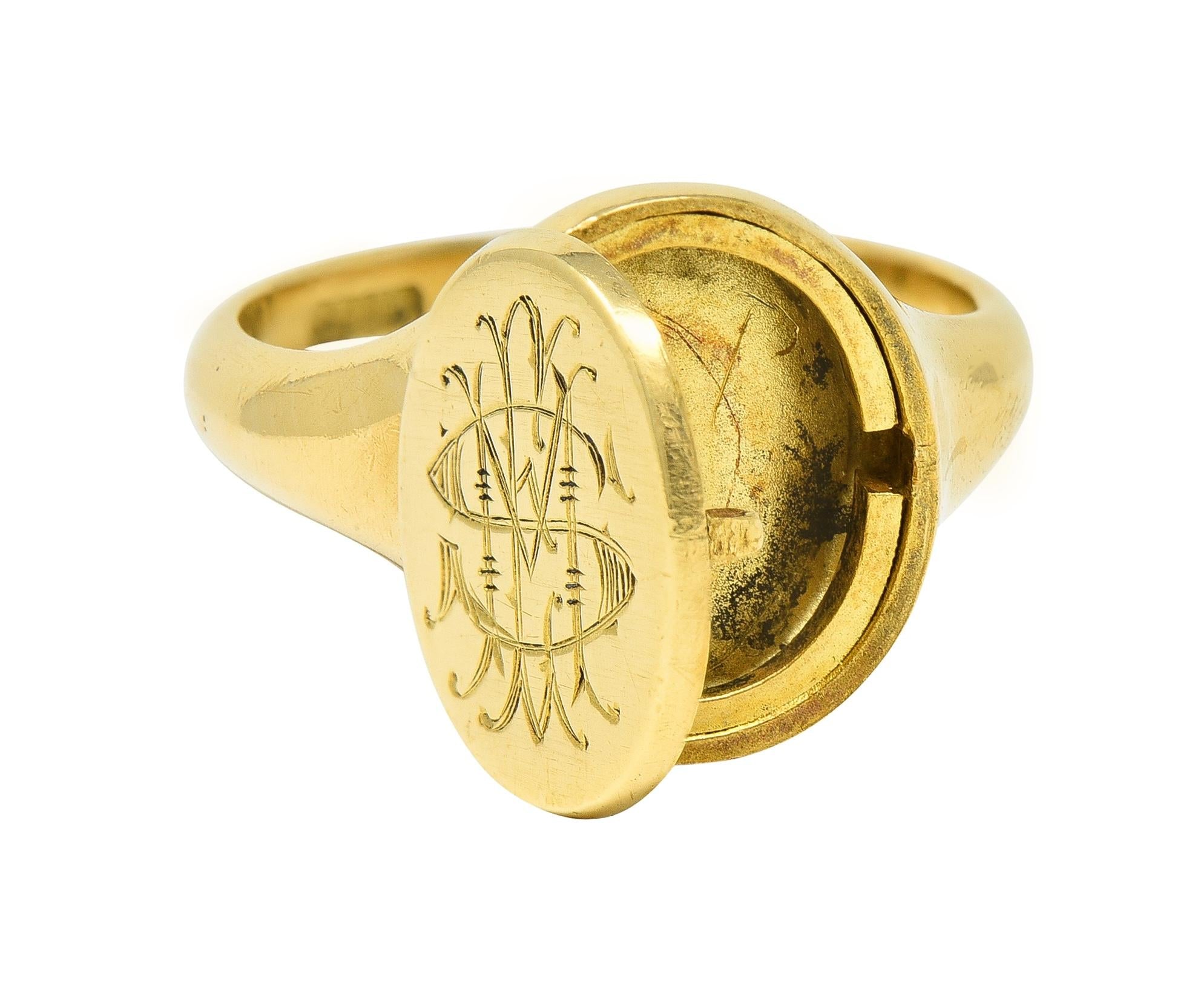 Antique 18 Karat Yellow Gold Monogram Signet Poison Hidden Compartment Ring