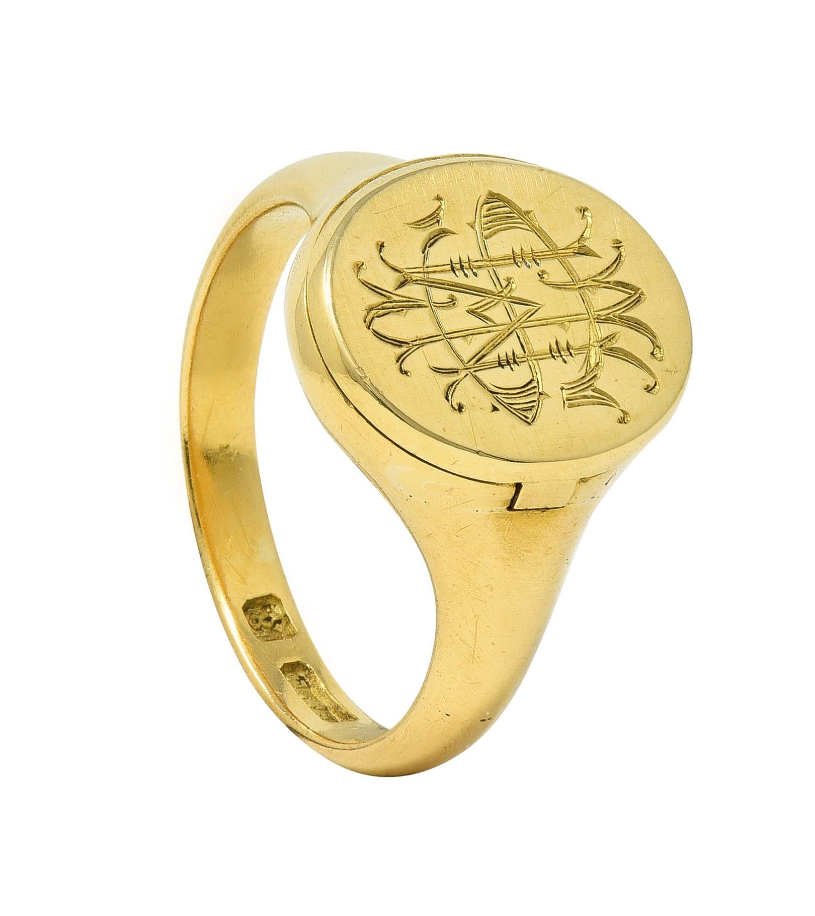 Antique 18 Karat Yellow Gold Monogram Signet Poison Hidden Compartment Ring