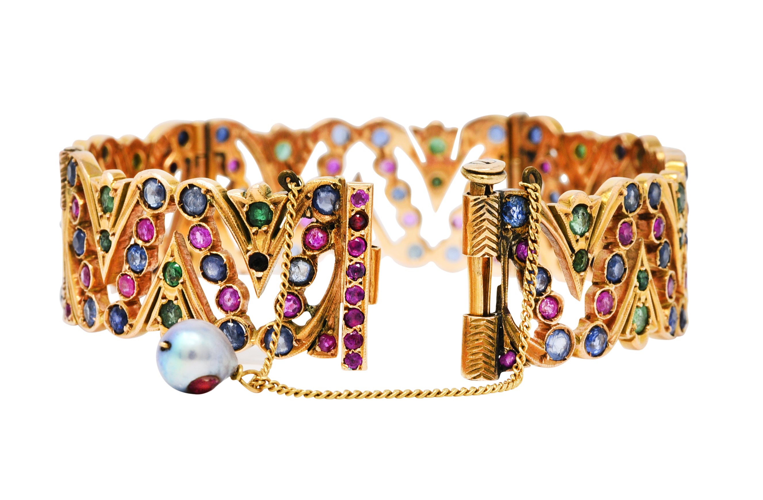 Art Deco 12.45 CTW Sapphire Ruby Emerald Pearl 14 Karat Gold Braceletbracelet - Wilson's Estate Jewelry