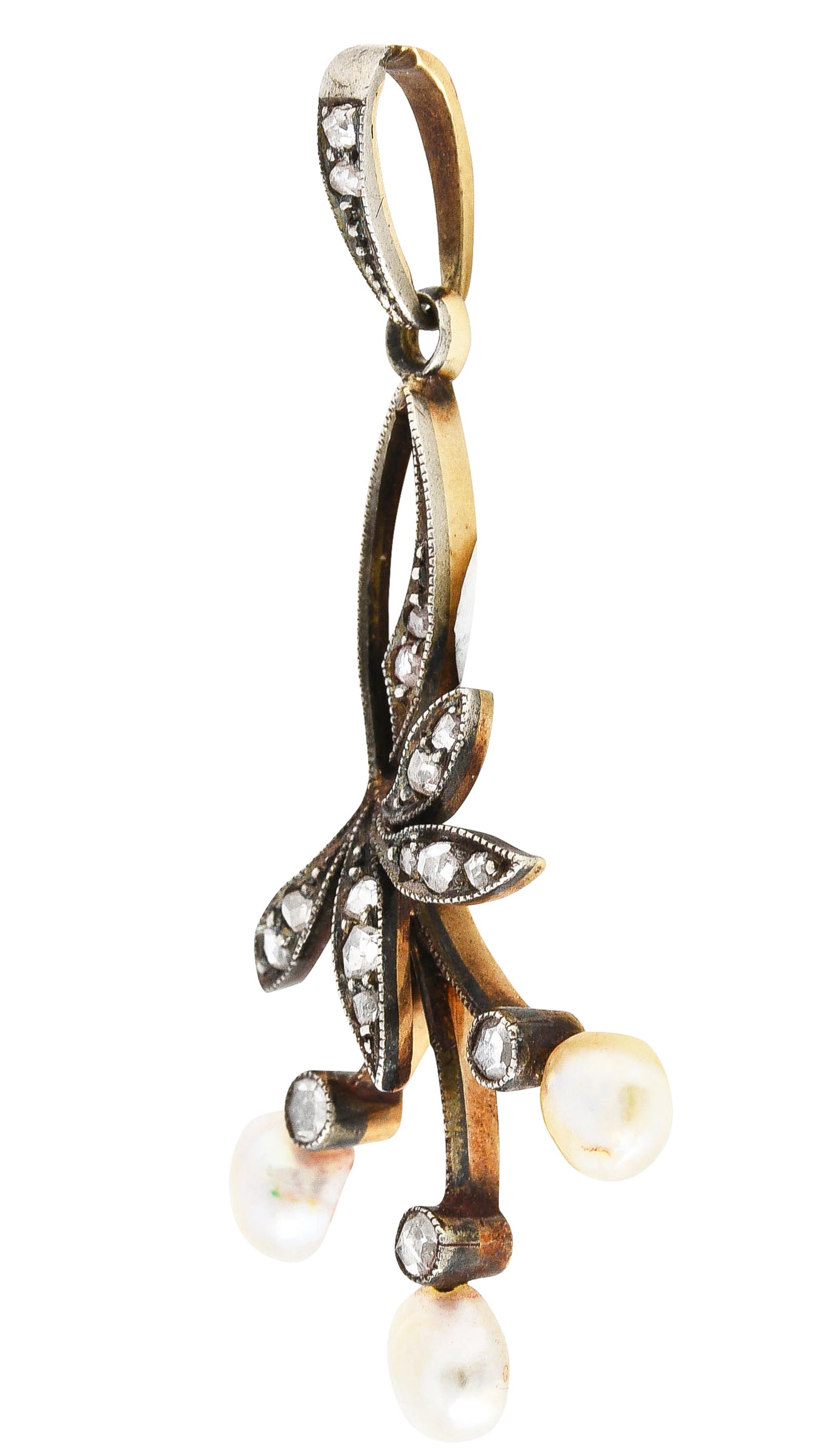 1860's Victorian Diamond Pearl Silver-Topped 18 Karat Gold Berry & Foliate Pendant Wilson's Antique & Estate Jewelry
