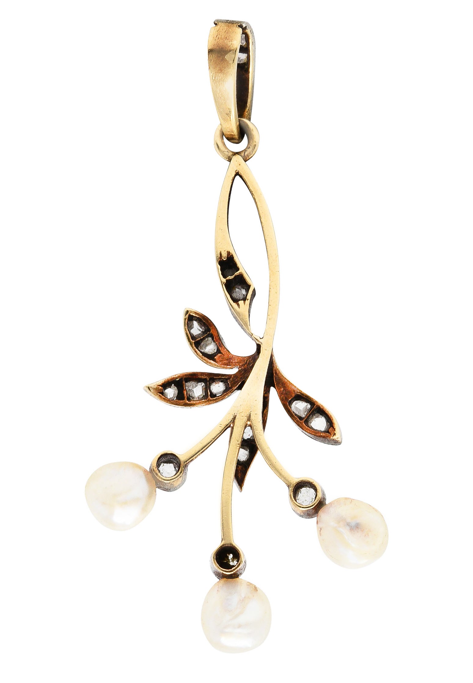 1860's Victorian Diamond Pearl Silver-Topped 18 Karat Gold Berry & Foliate Pendant Wilson's Antique & Estate Jewelry